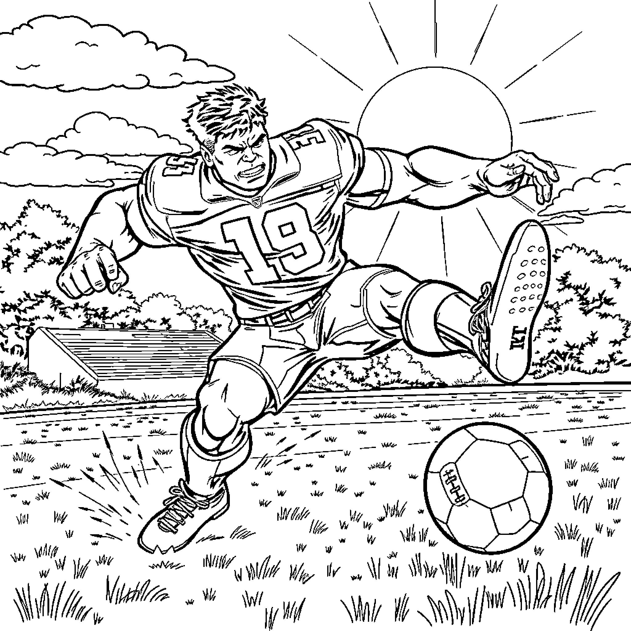 Hulk Charges with Soccer Ball on the Field Coloring Page (free black-and-white line drawing printable PDF for all, from beginners to advanced learners, including children, teens, adults, and seniors)