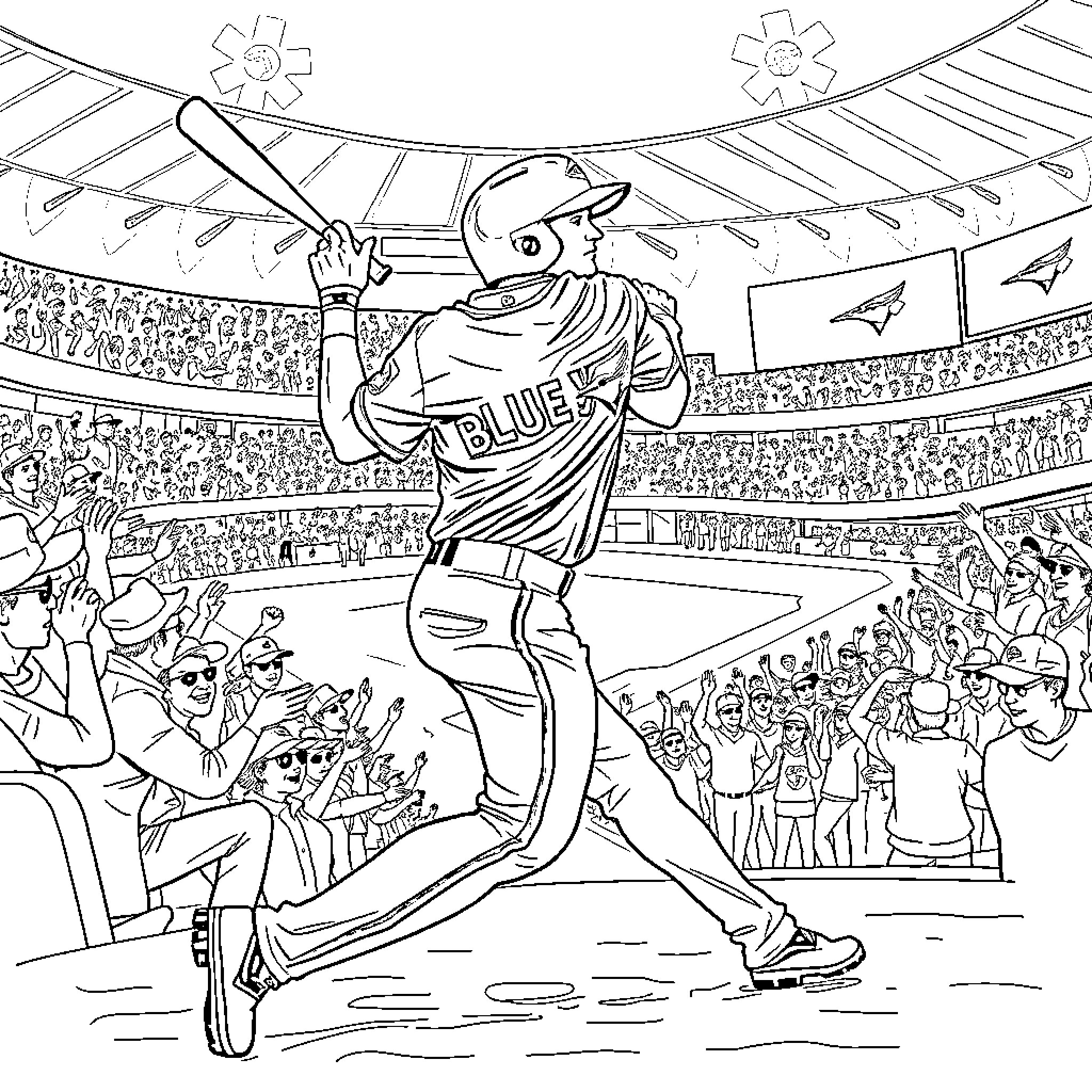 Paramedic baseball player batting in stadium Coloring Page (free black-and-white line drawing printable PDF for all, from beginners to advanced learners, including children, teens, adults, and seniors)