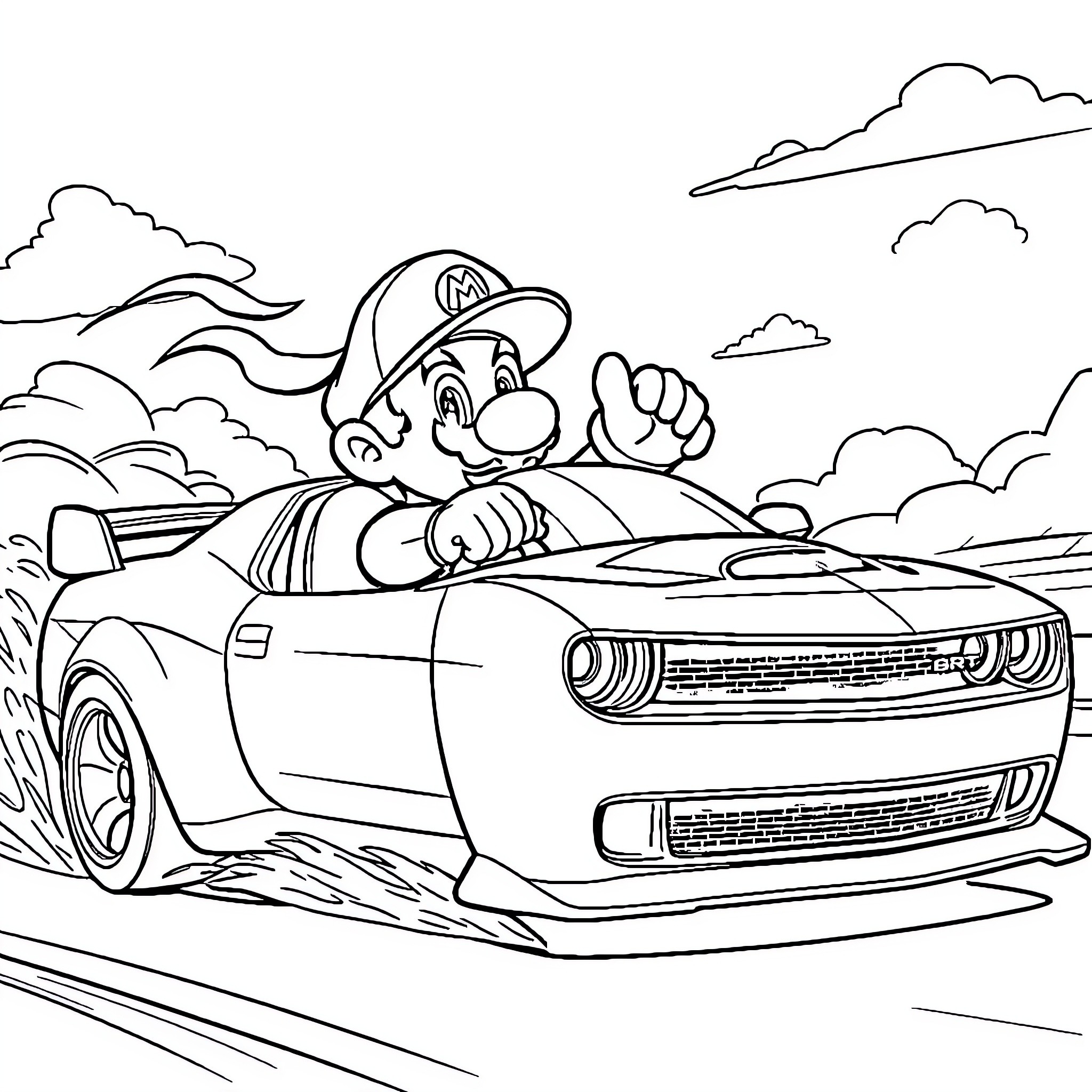 Mario's Exciting Car Adventure Coloring Page (free black-and-white line drawing printable PDF for all, from beginners to advanced learners, including children, teens, adults, and seniors)