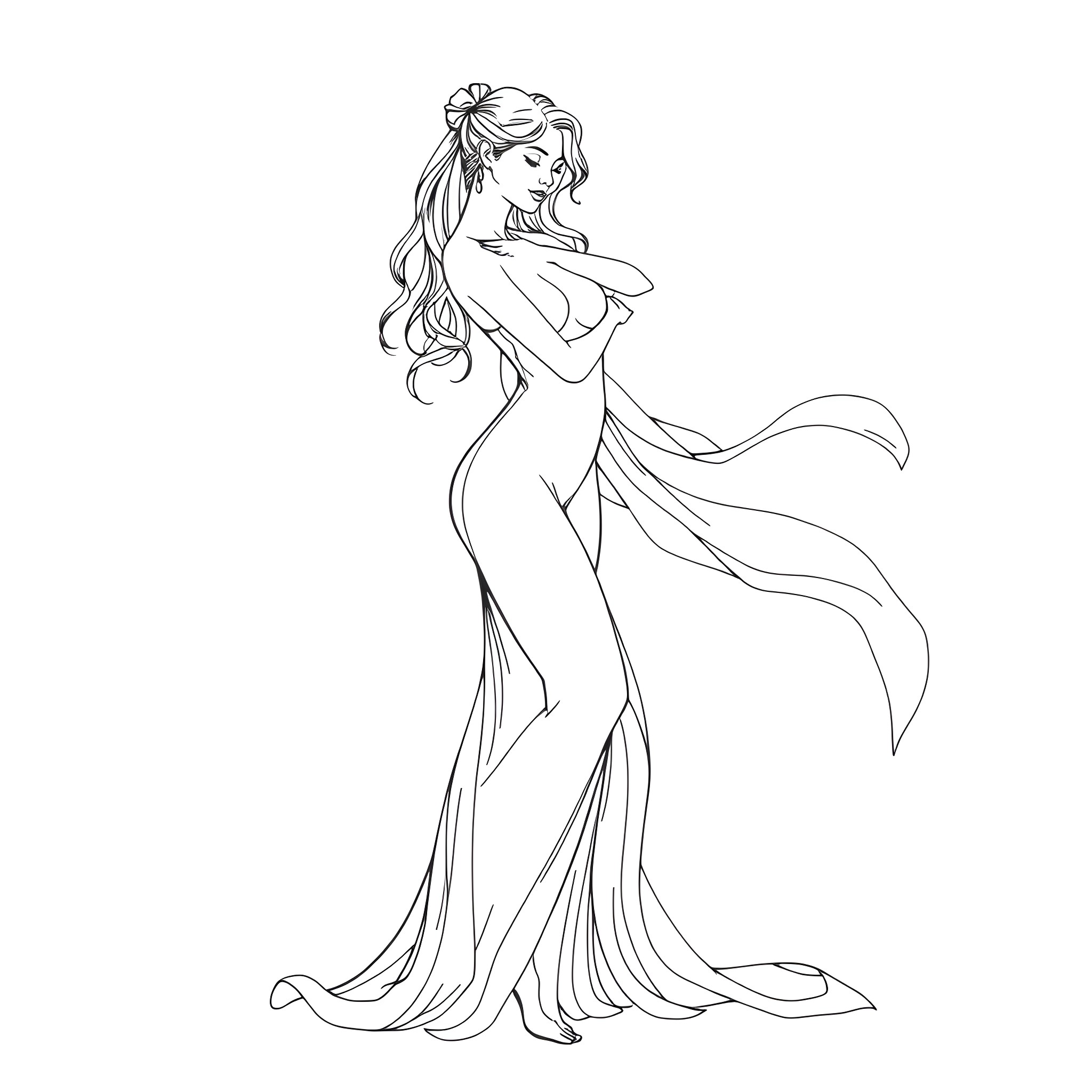 Woman in elegant gown with flowing hair Coloring Page (free black-and-white line drawing printable PDF for all, from beginners to advanced learners, including children, teens, adults, and seniors)