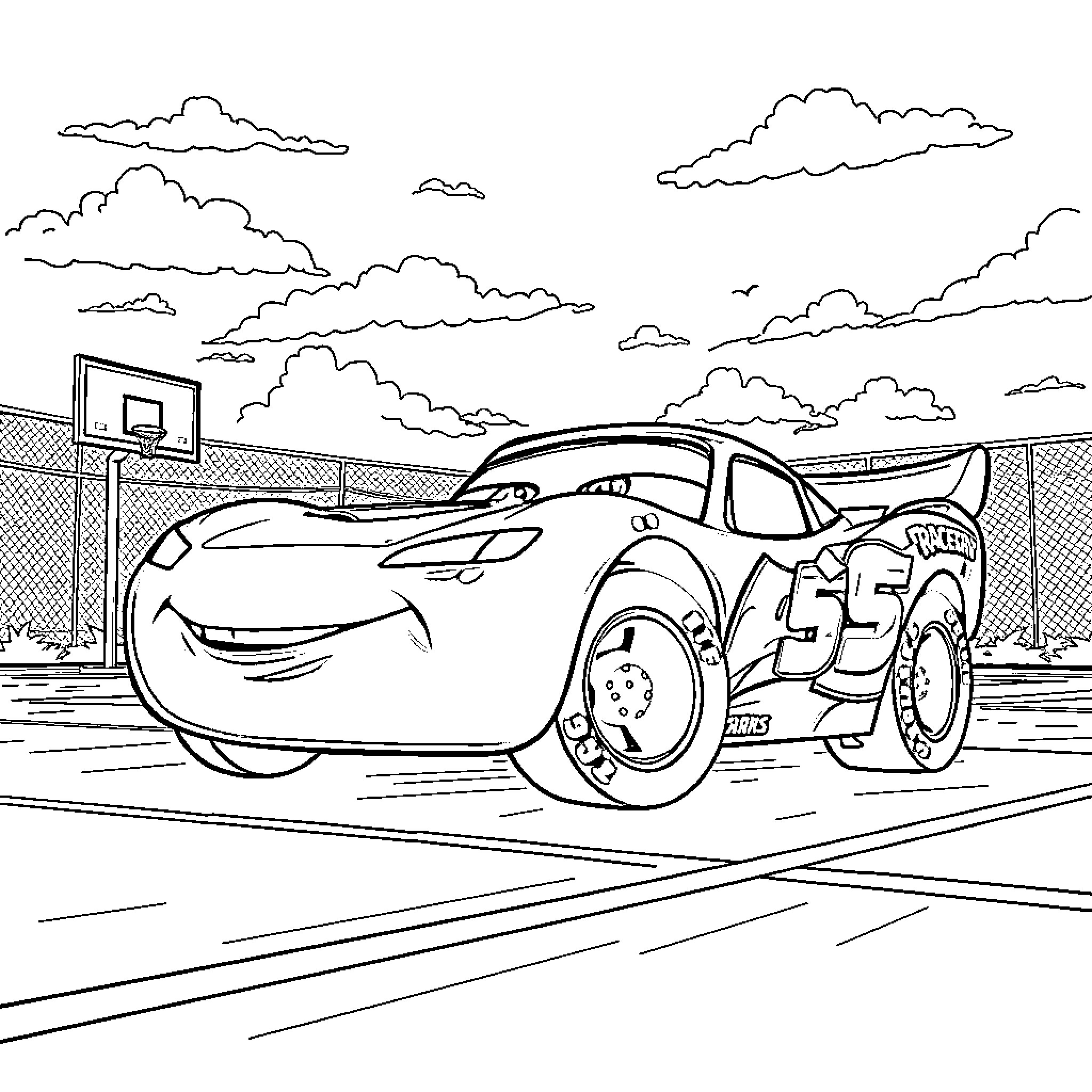 Rayo McQueen racing on the basketball court Coloring Page (free black-and-white line drawing printable PDF for all, from beginners to advanced learners, including children, teens, adults, and seniors)