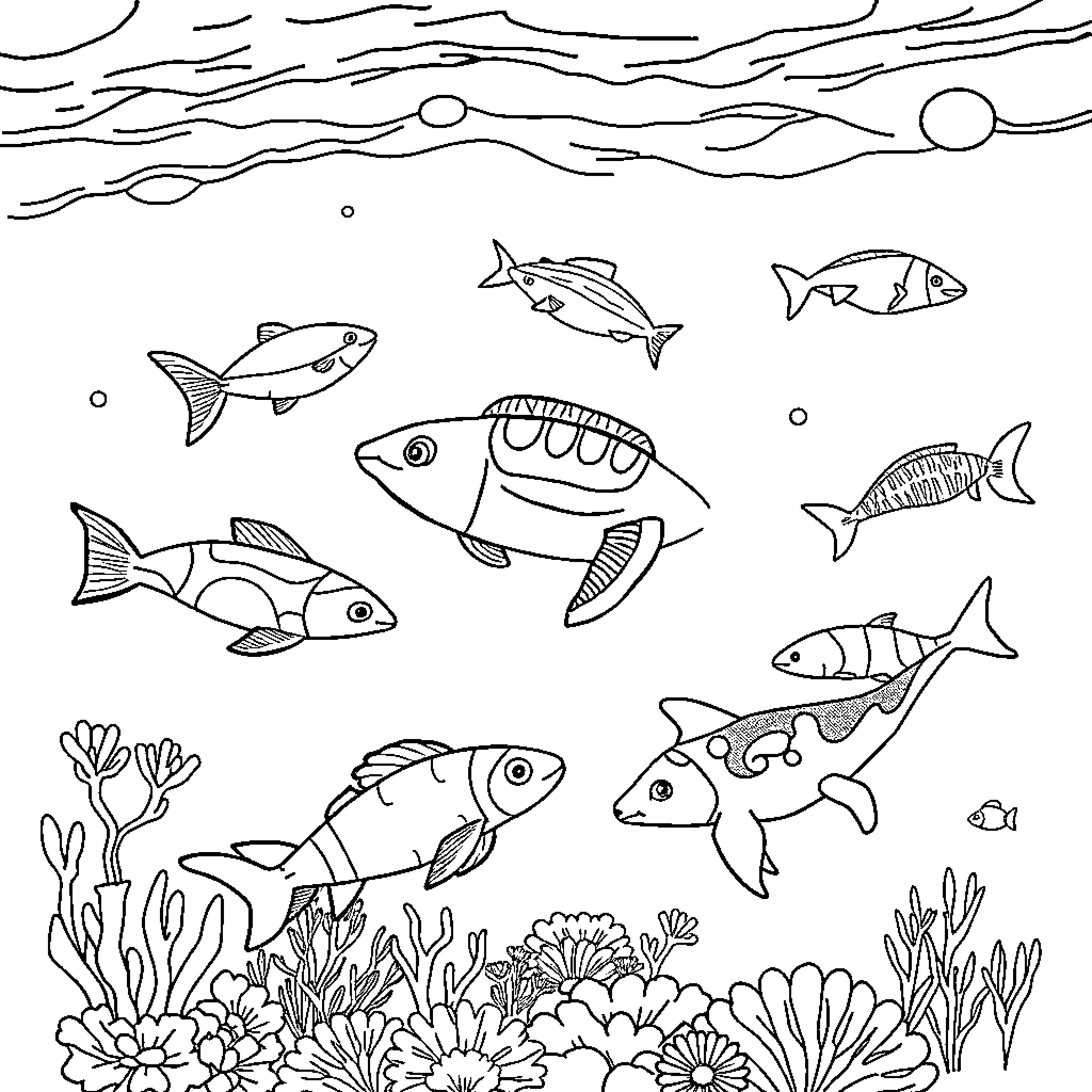 Animal Undersea World with Variety of Fish Coloring Page (free black-and-white line drawing printable PDF for all, from beginners to advanced learners, including children, teens, adults, and seniors)