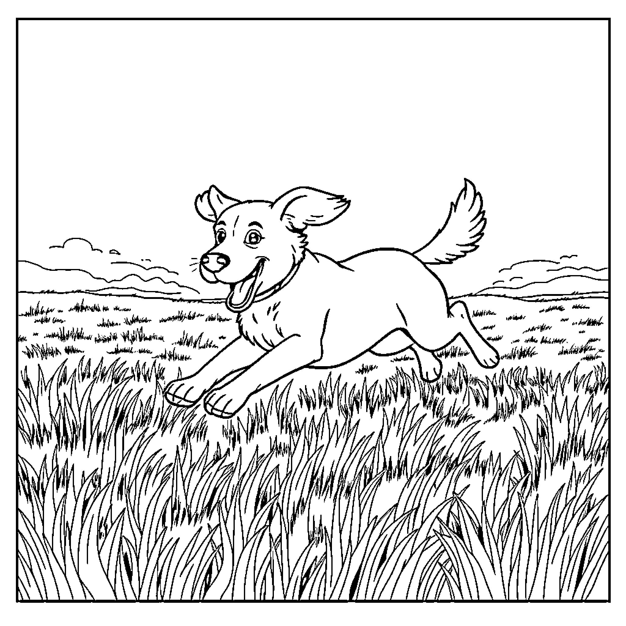 Dog running joyfully through a grassy field Coloring Page (free black-and-white line drawing printable PDF for all, from beginners to advanced learners, including children, teens, adults, and seniors)