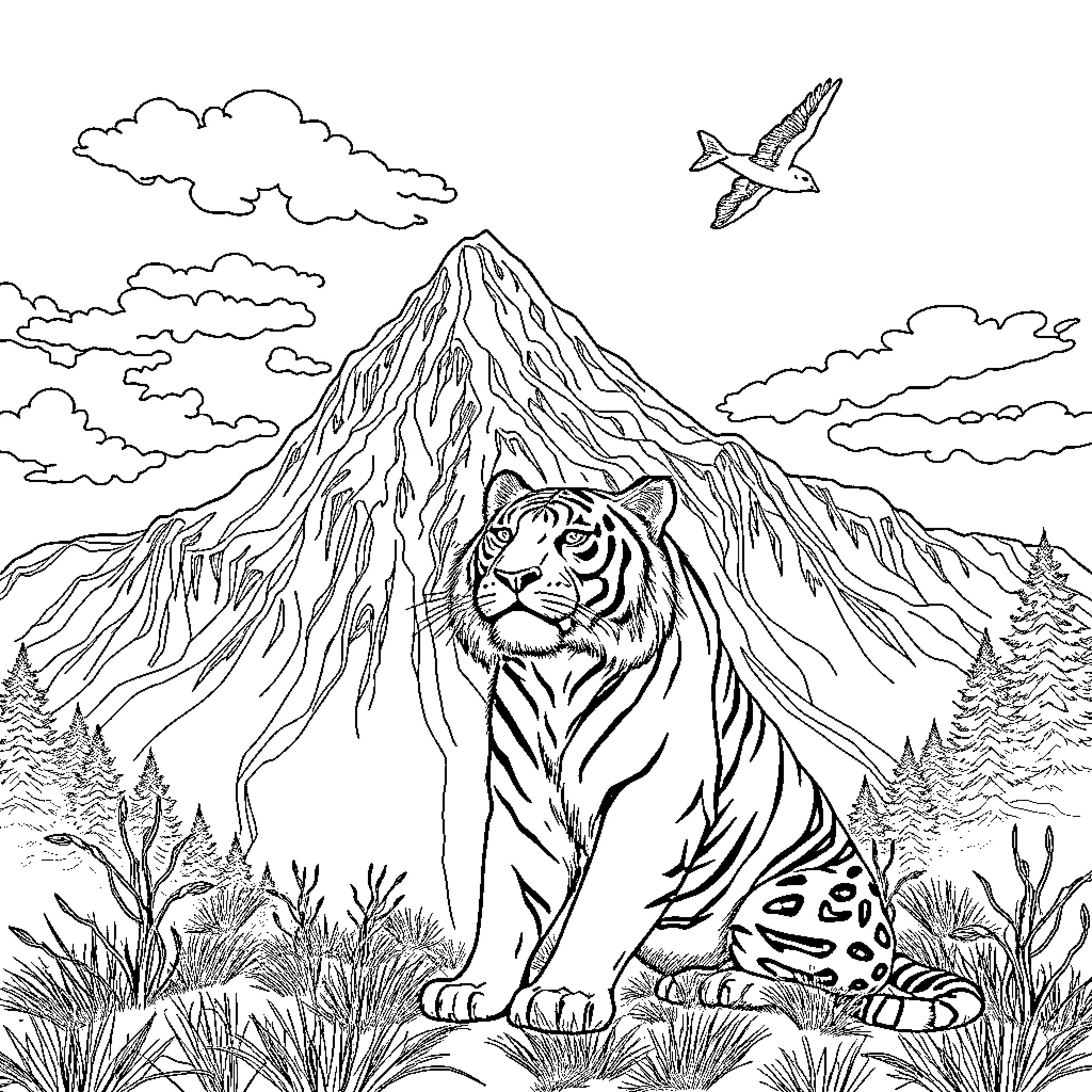 Tiger in the wild mountain landscape Coloring Page (free black-and-white line drawing printable PDF for all, from beginners to advanced learners, including children, teens, adults, and seniors)