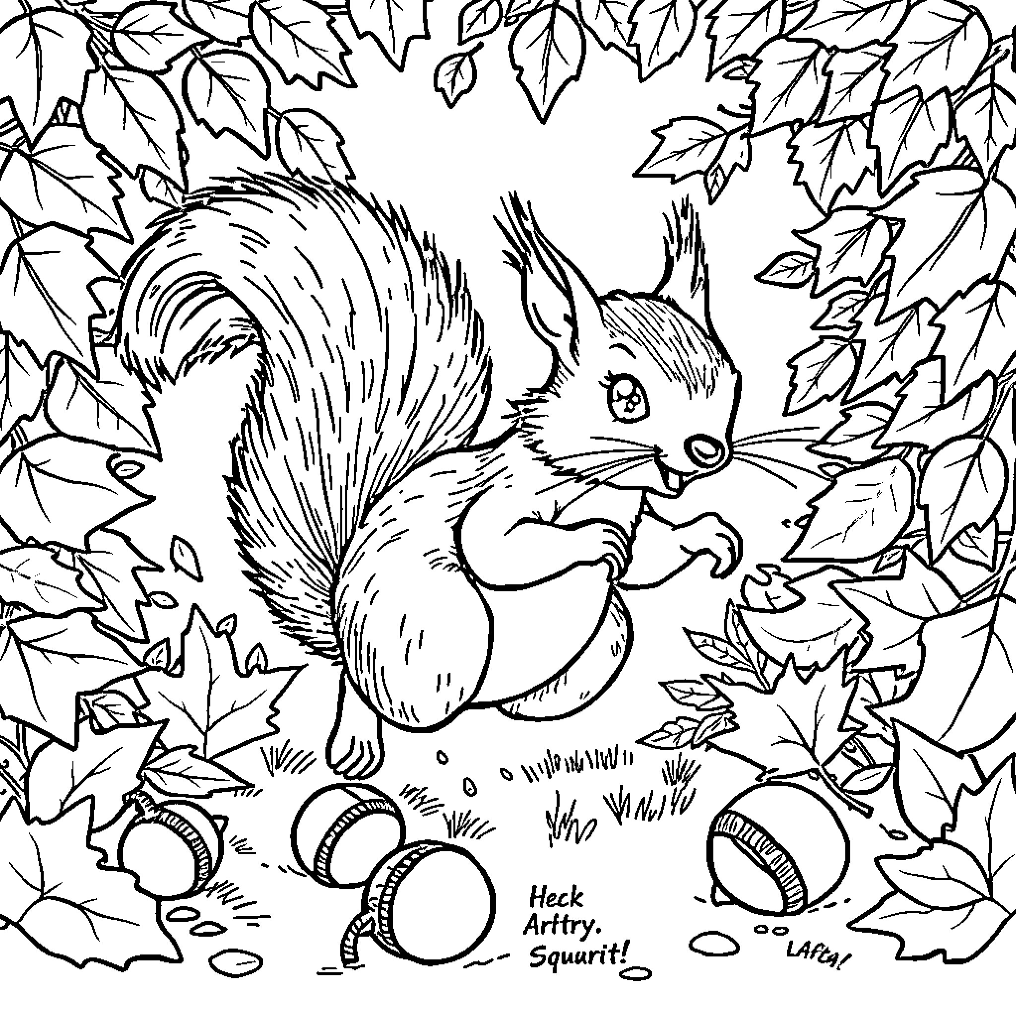 Squirrel gathering acorns in the autumn leaves Coloring Page (free black-and-white line drawing printable PDF for all, from beginners to advanced learners, including children, teens, adults, and seniors)