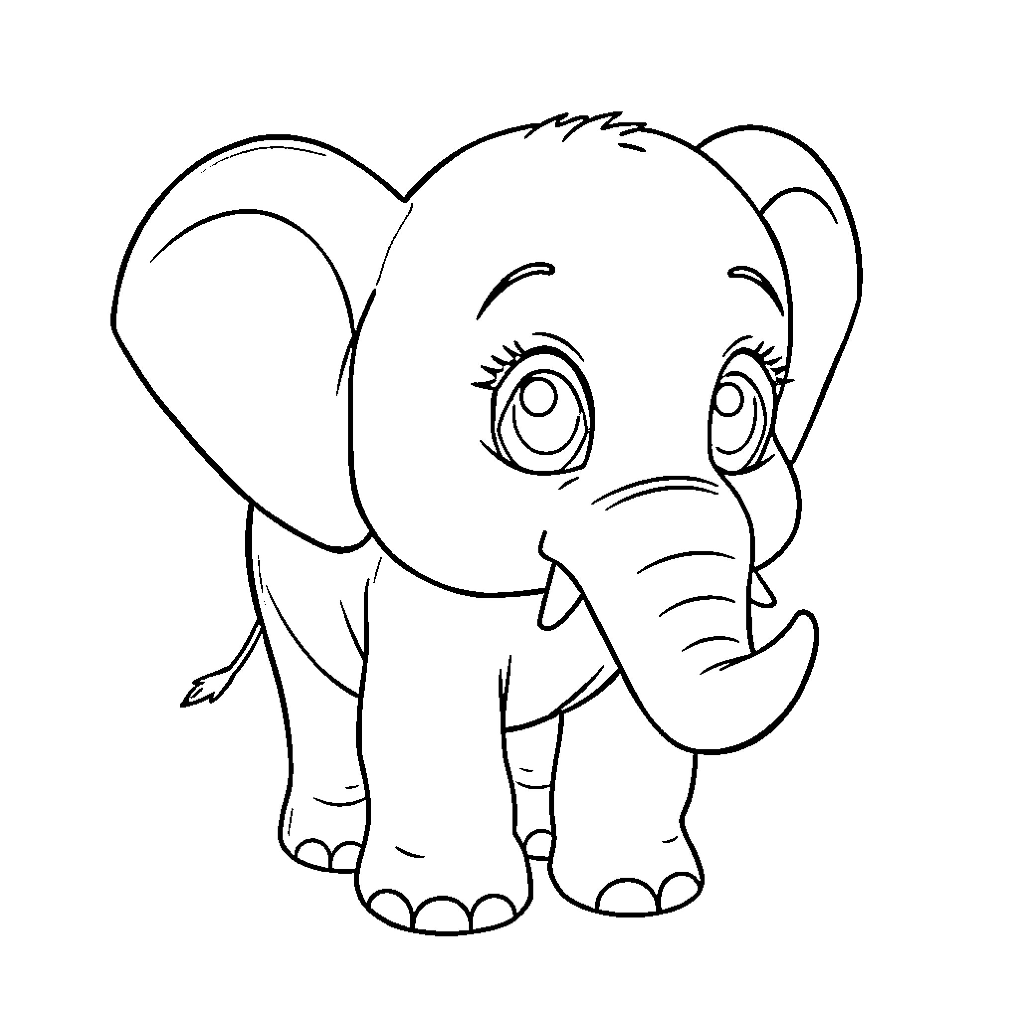 Elephant with cute expression and detailed features Coloring Page (free black-and-white line drawing printable PDF for all, from beginners to advanced learners, including children, teens, adults, and seniors)