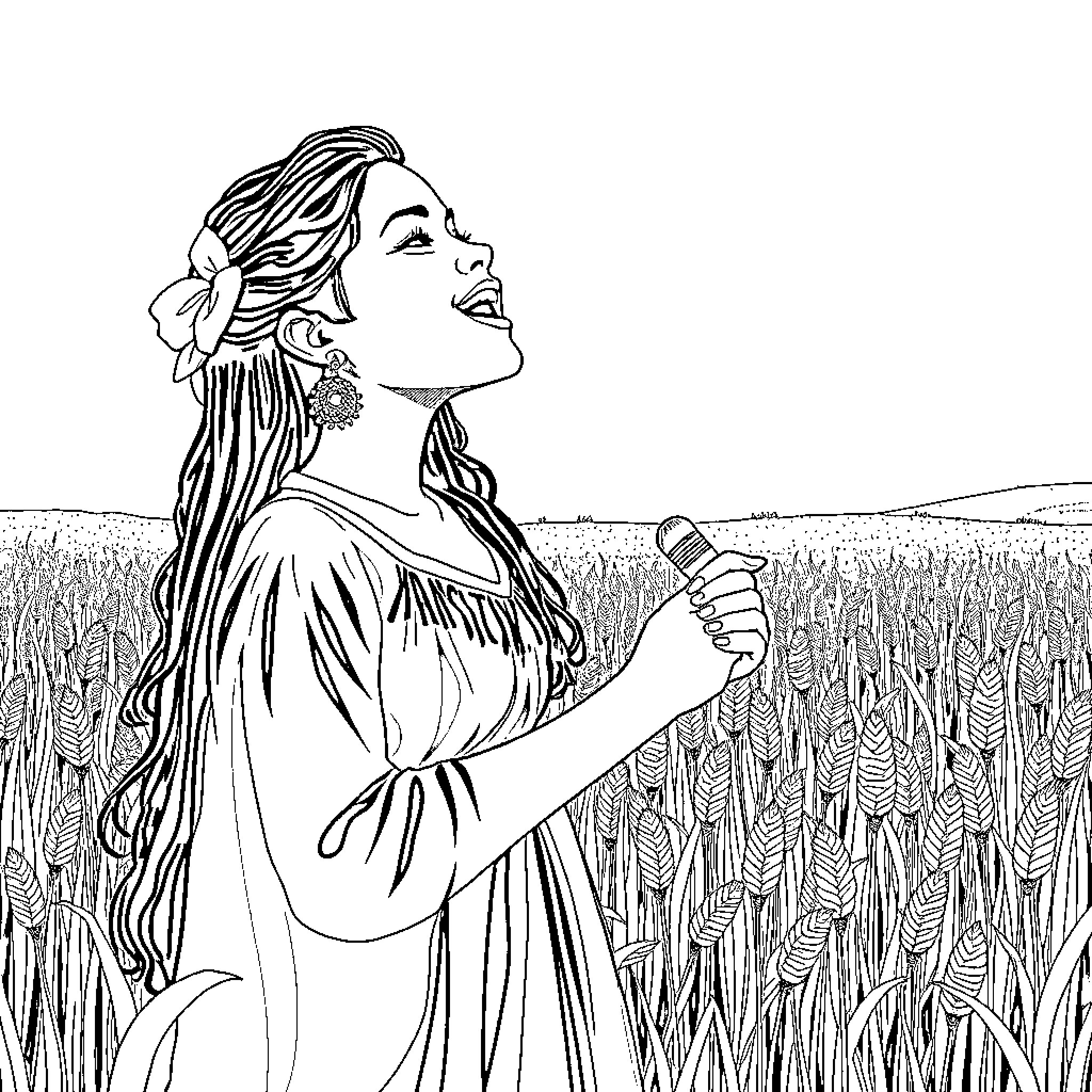 Aya smiling joyfully while holding a microphone in a field Coloring Page (free black-and-white line drawing printable PDF for all, from beginners to advanced learners, including children, teens, adults, and seniors)