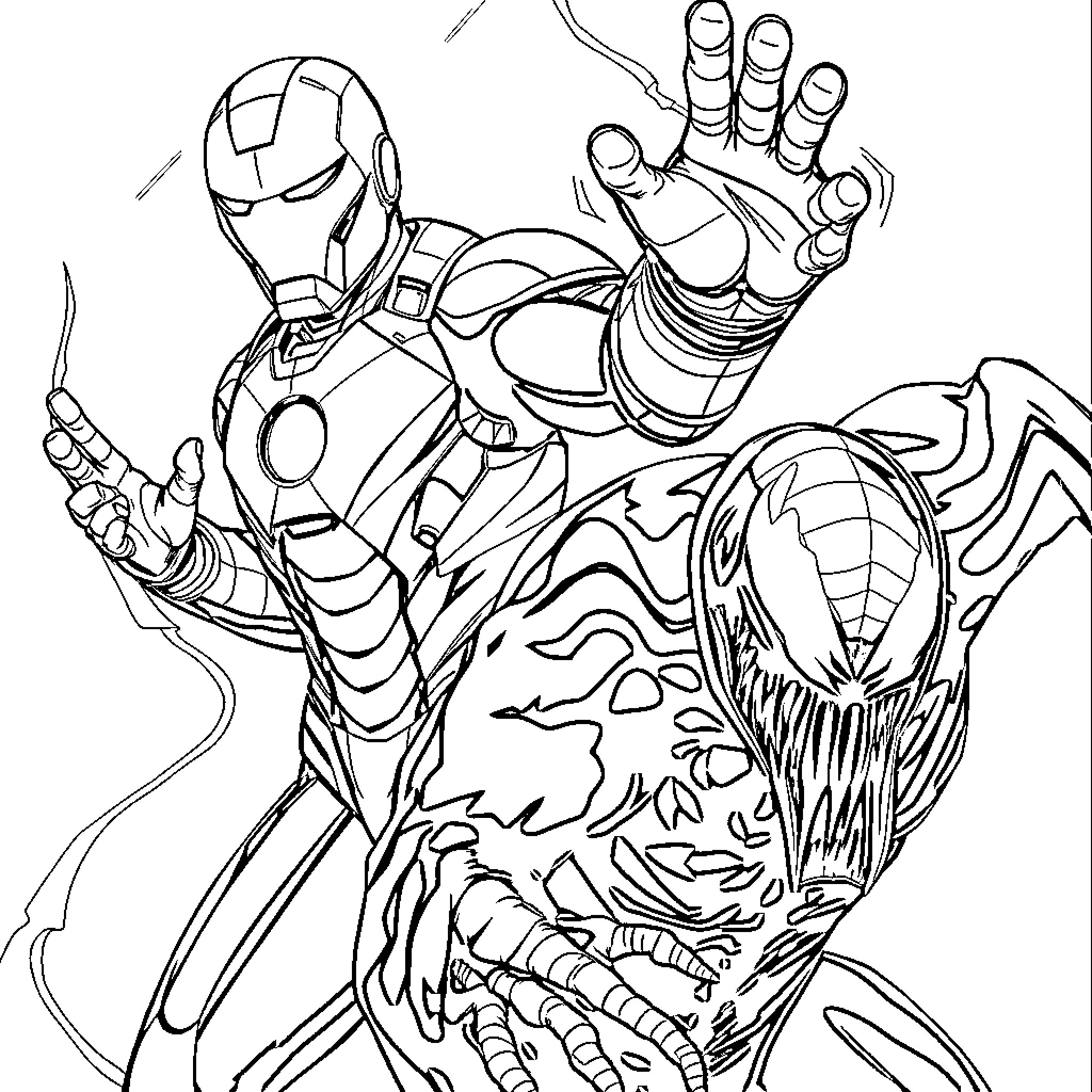 Iron Man in Dynamic Action Pose Coloring Page (free black-and-white line drawing printable PDF for all, from beginners to advanced learners, including children, teens, adults, and seniors)