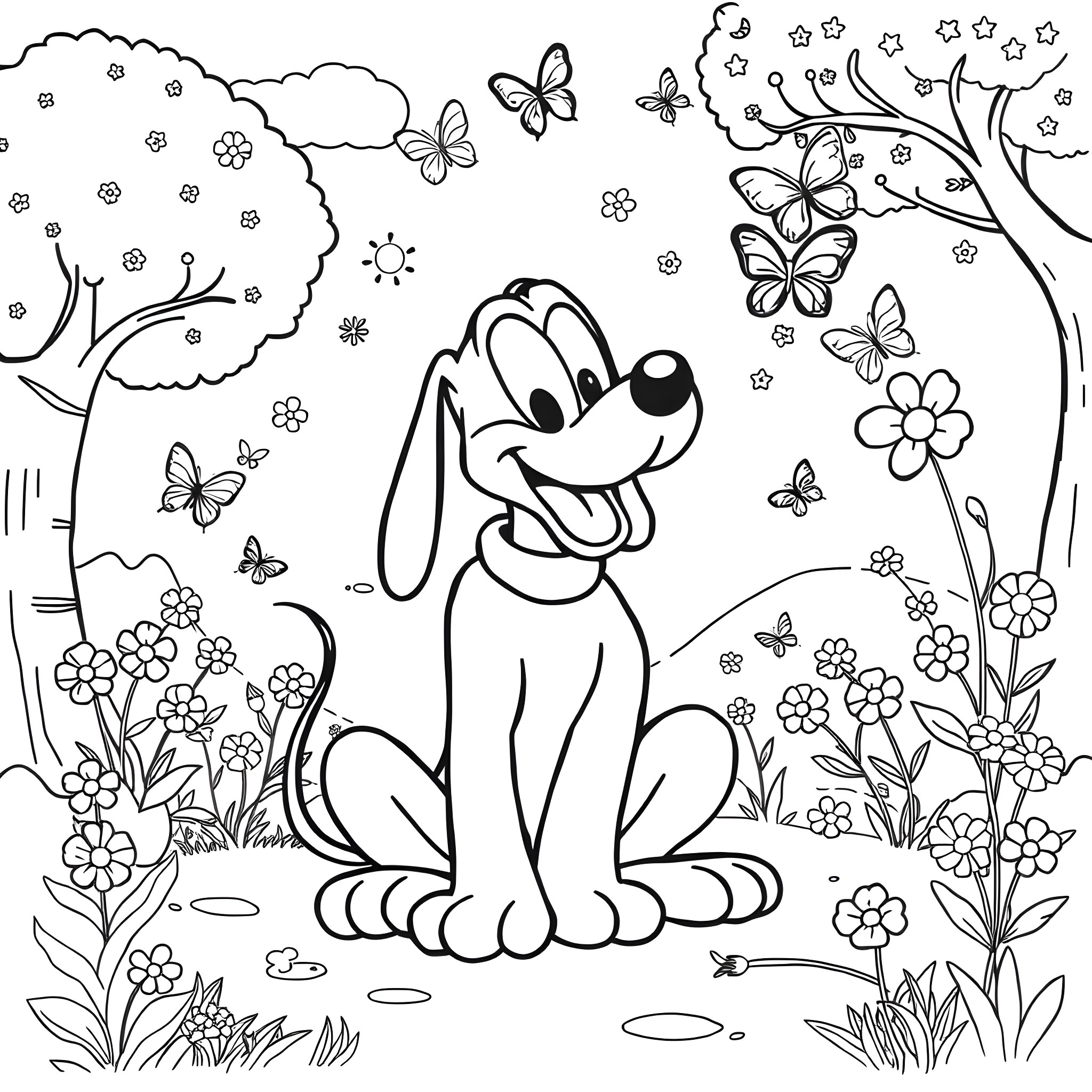 Pluto the cartoon dog in a nature scene Coloring Page (free black-and-white line drawing printable PDF for all, from beginners to advanced learners, including children, teens, adults, and seniors)