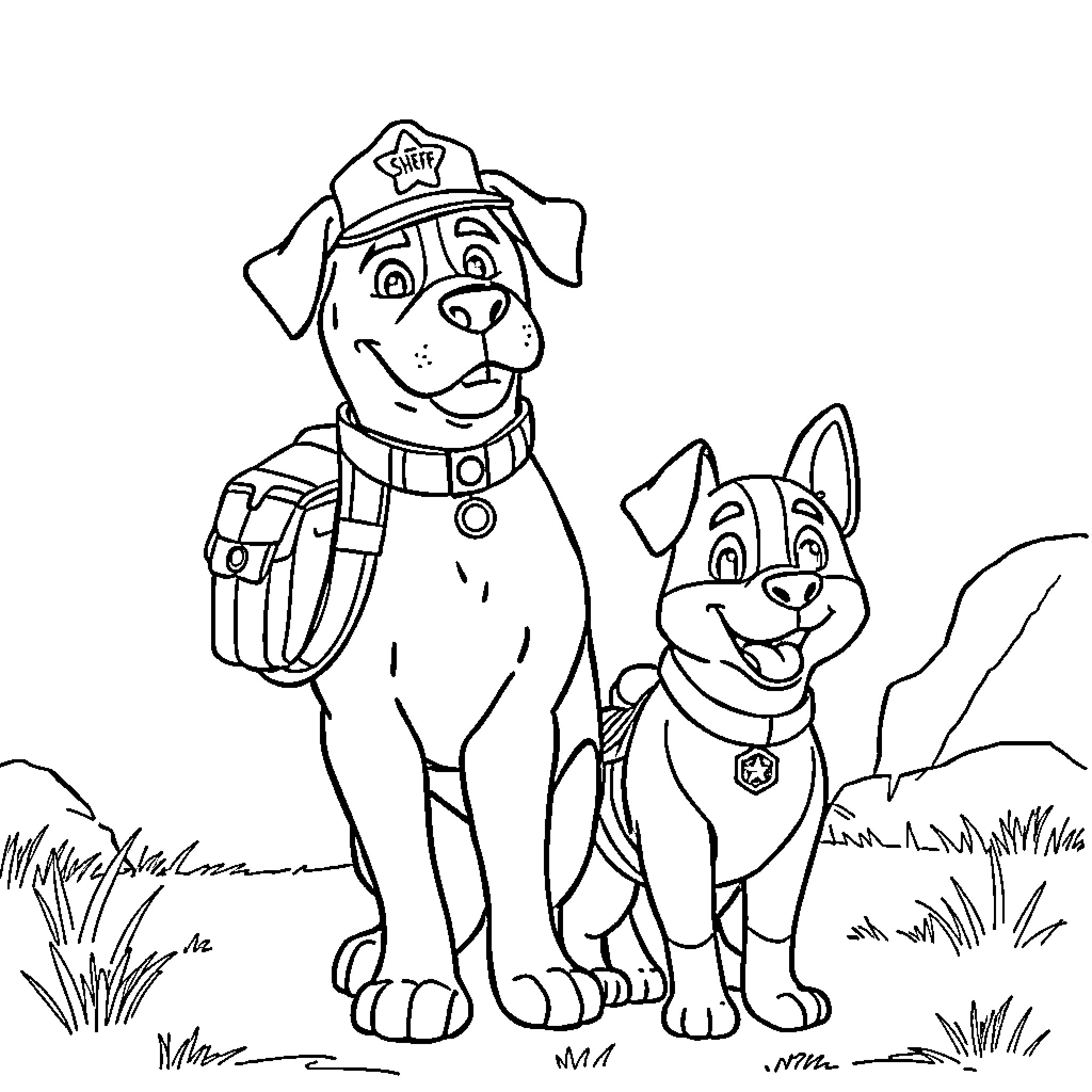 Sheriff Labrador dogs on patrol in the field Coloring Page (free black-and-white line drawing printable PDF for all, from beginners to advanced learners, including children, teens, adults, and seniors)