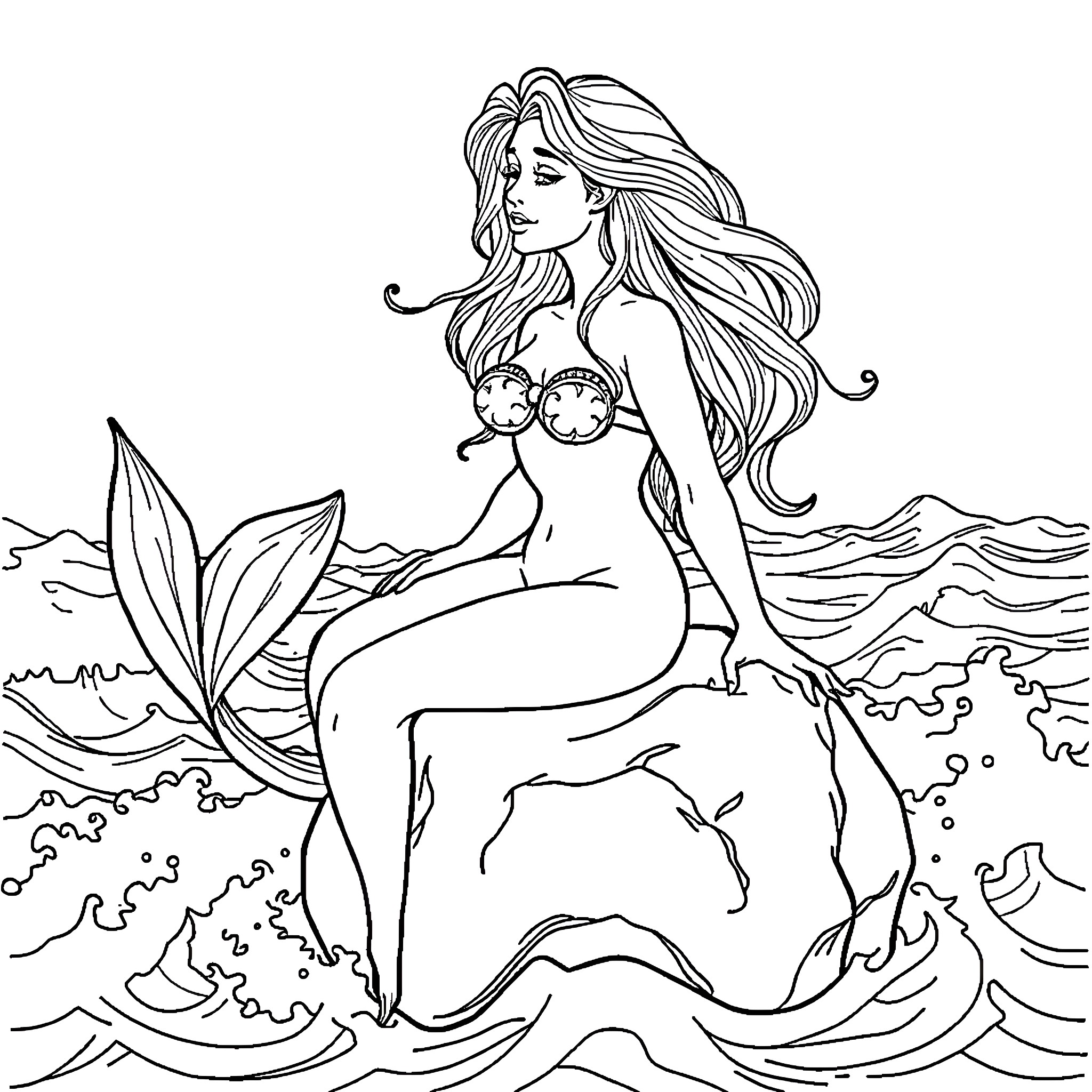 Siren with flowing hair in the ocean waves Coloring Page (free black-and-white line drawing printable PDF for all, from beginners to advanced learners, including children, teens, adults, and seniors)