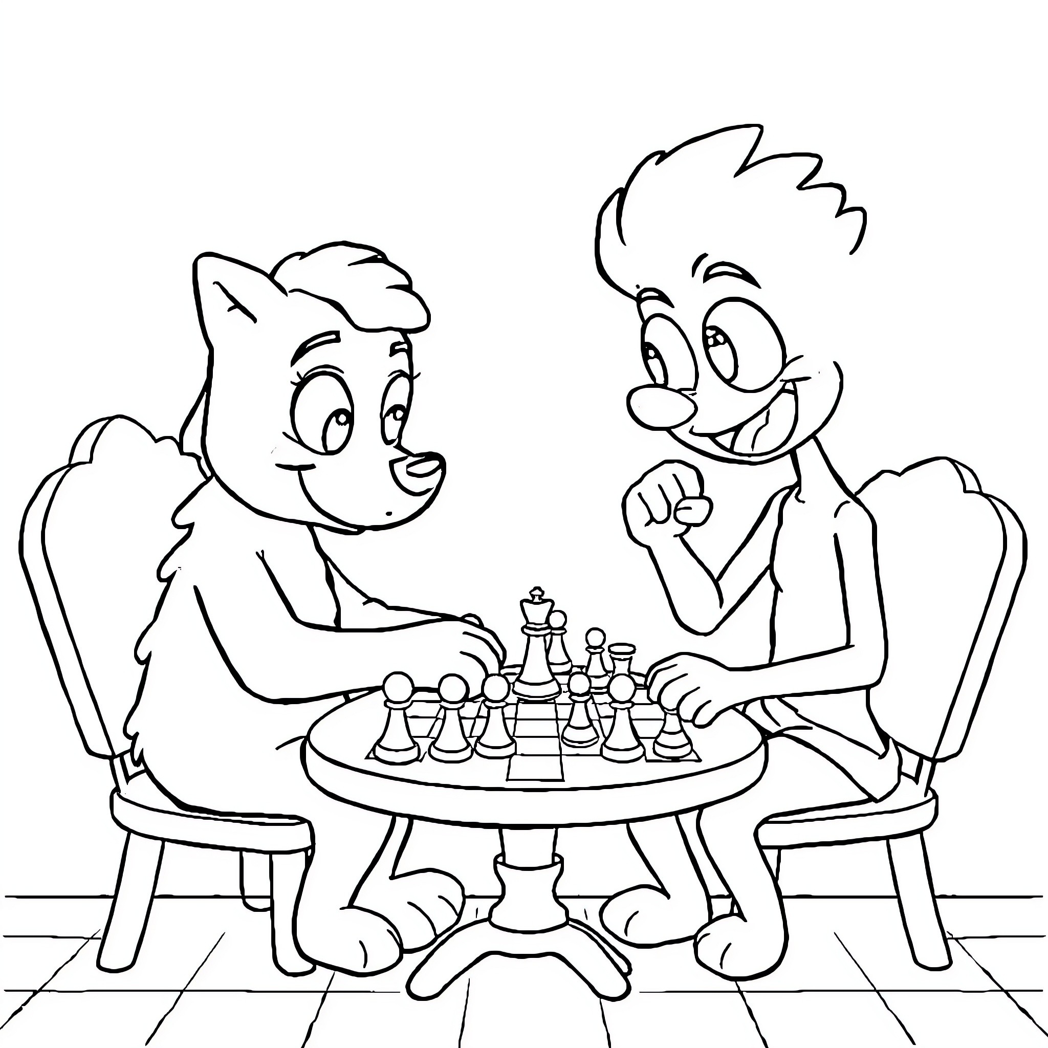 Bluey and friend playing a game of chess Coloring Page (free black-and-white line drawing printable PDF for all, from beginners to advanced learners, including children, teens, adults, and seniors)