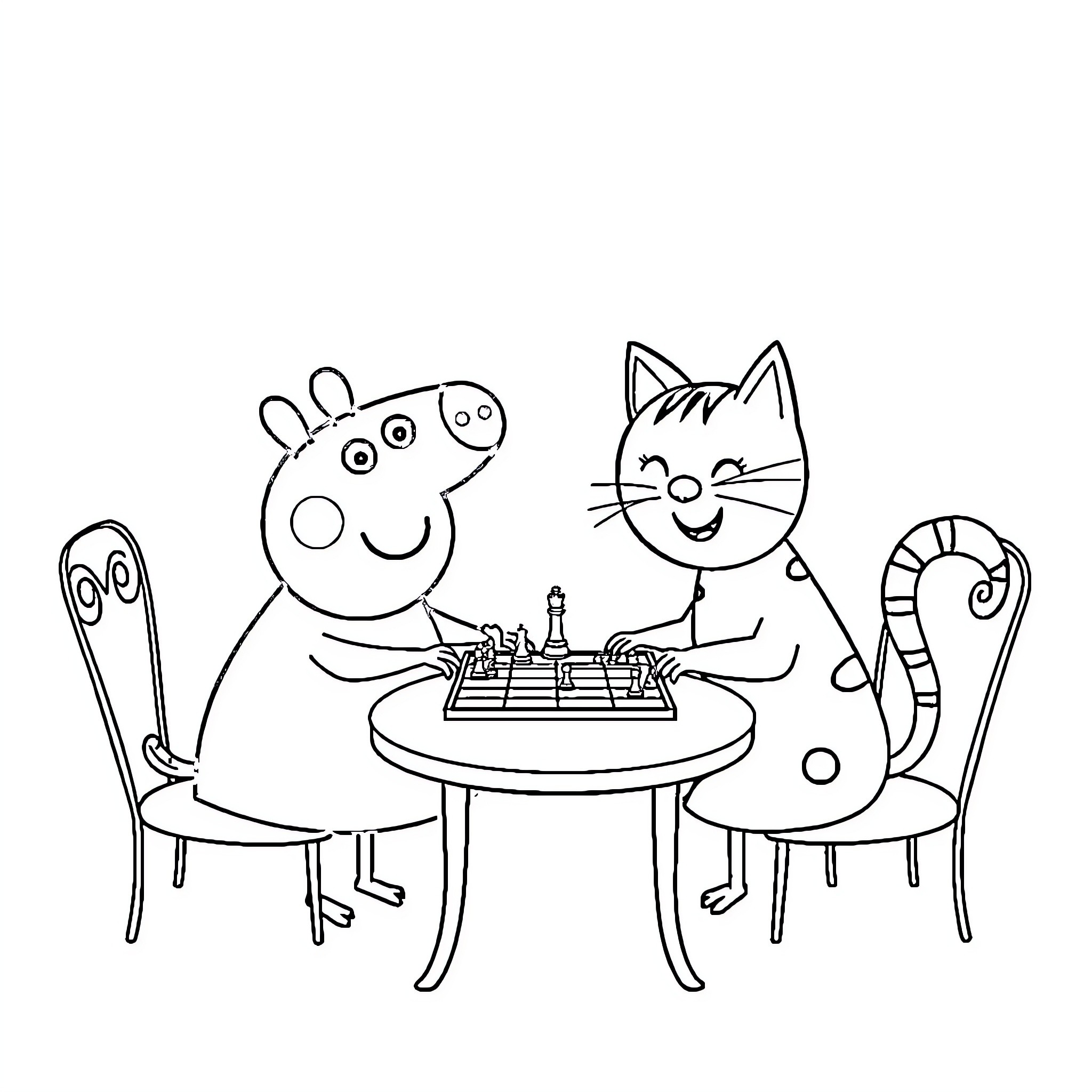 Pepa Pig playing chess with her cat friend Coloring Page (free black-and-white line drawing printable PDF for all, from beginners to advanced learners, including children, teens, adults, and seniors)