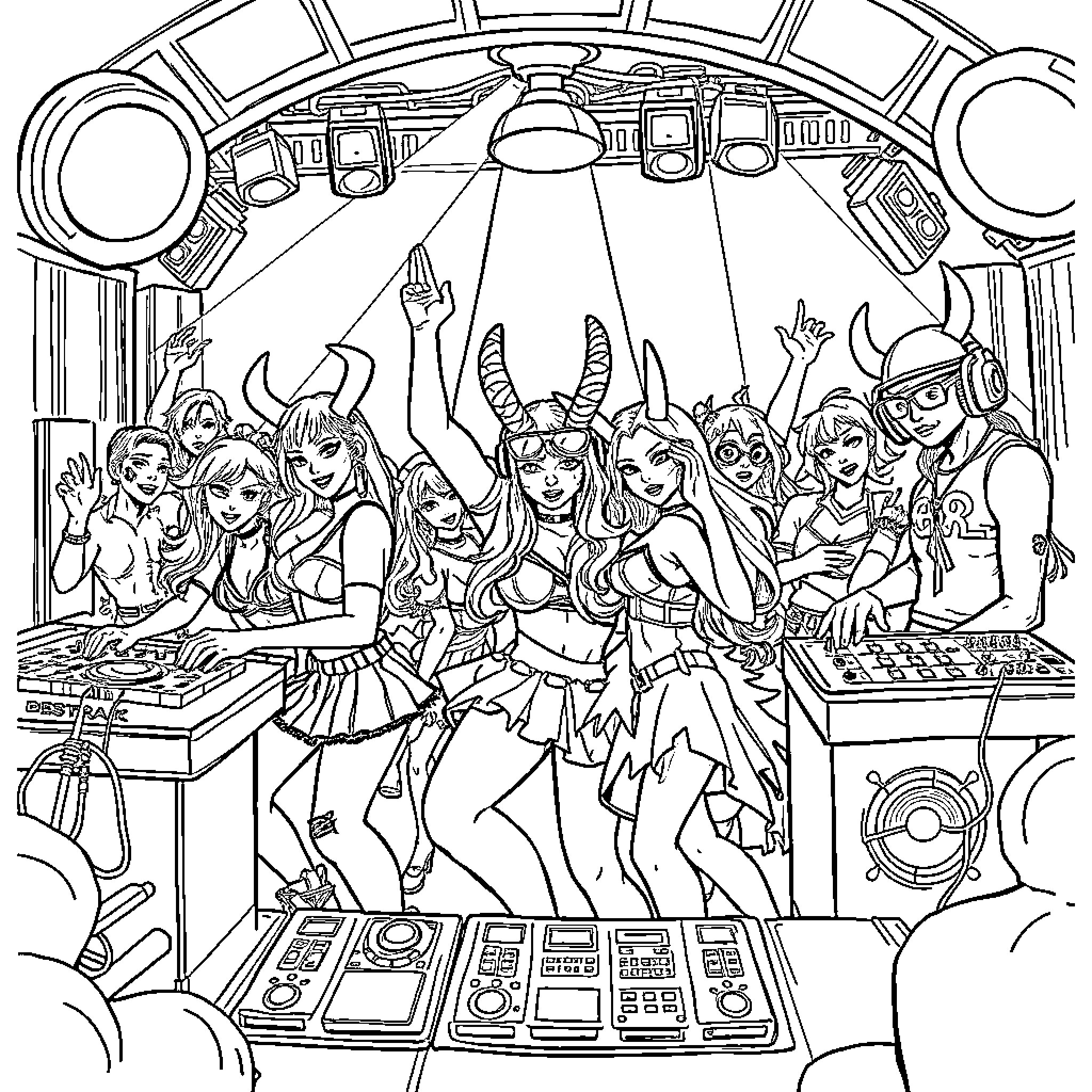 Demon Hunters Rocking the Stage with Fierce Energy Coloring Page (free black-and-white line drawing printable PDF for all, from beginners to advanced learners, including children, teens, adults, and seniors)