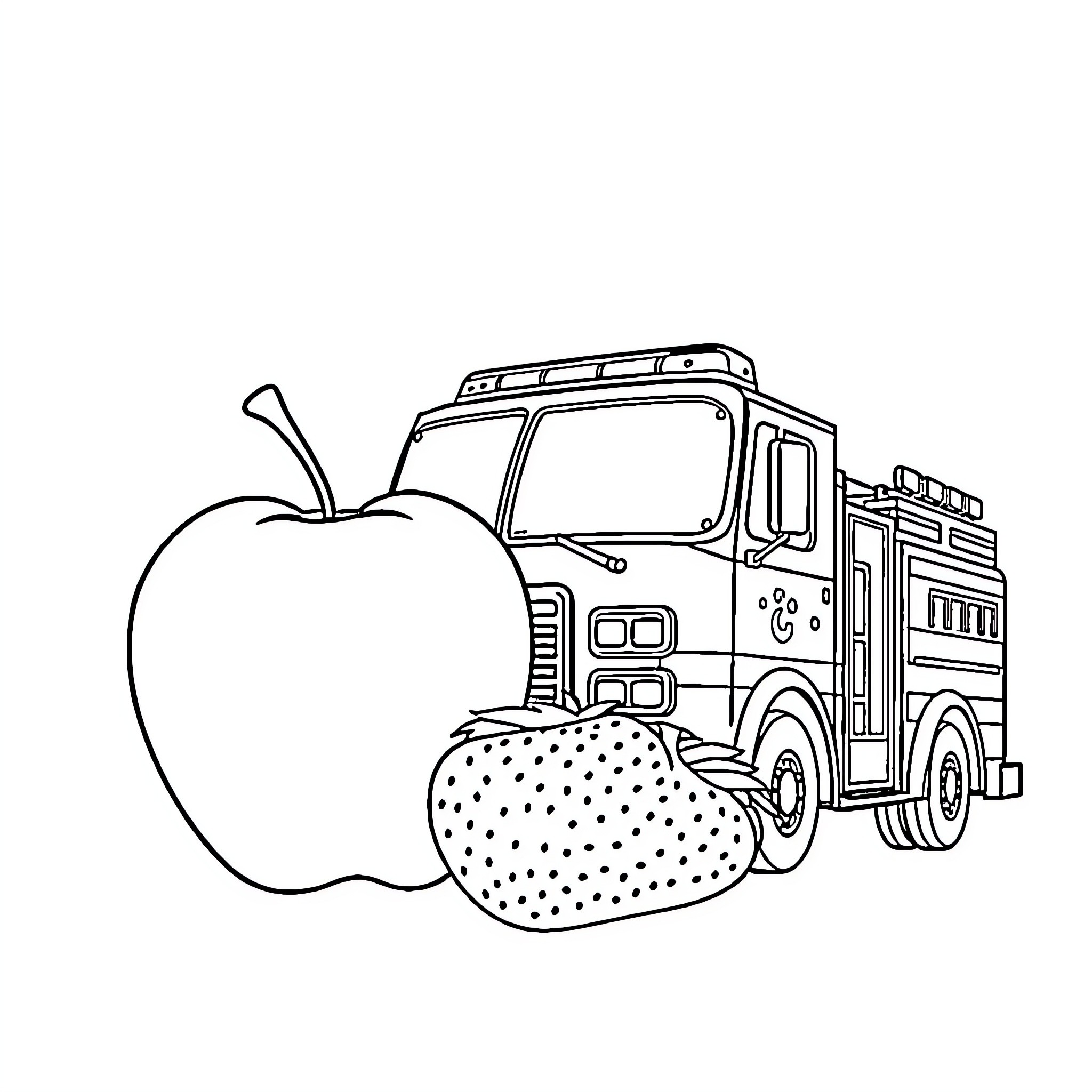 Fire Truck Parked by Fruit Coloring Page (free black-and-white line drawing printable PDF for all, from beginners to advanced learners, including children, teens, adults, and seniors)