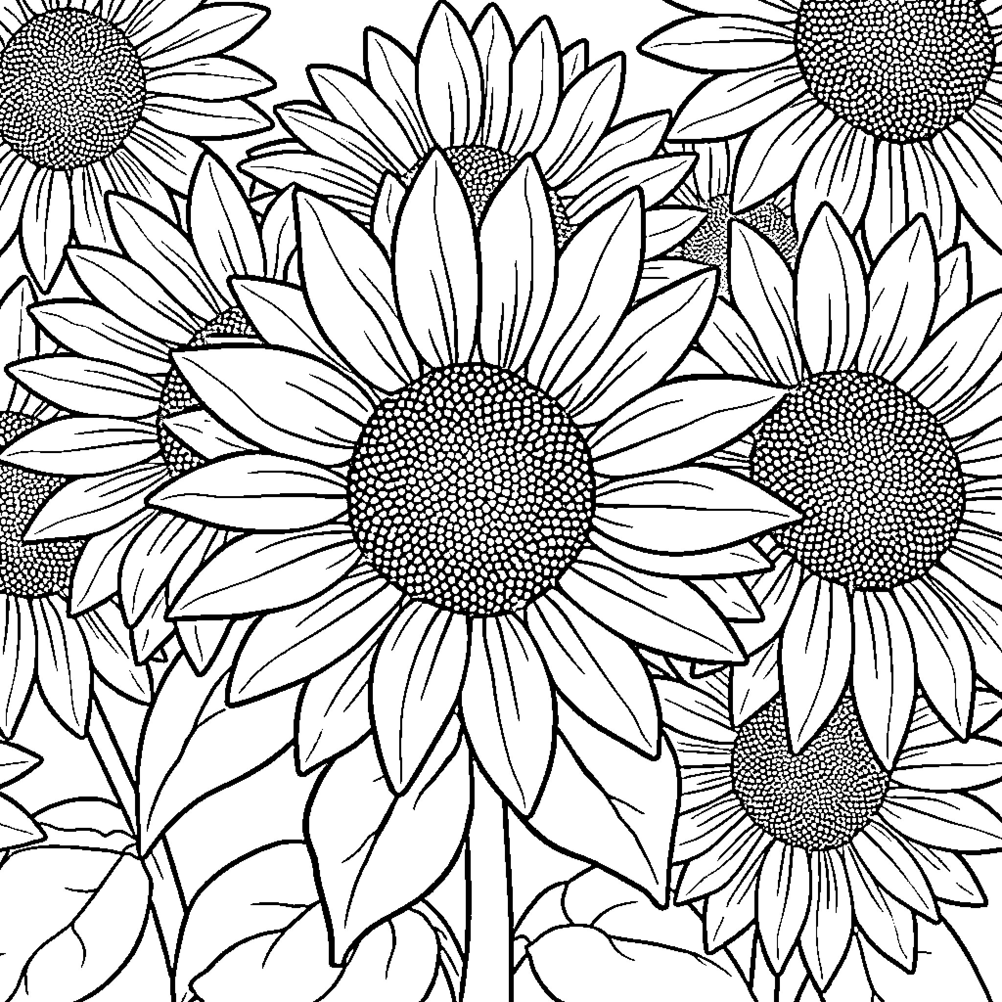 Sunflower Field in Bloom Coloring Page (free black-and-white line drawing printable PDF for all, from beginners to advanced learners, including children, teens, adults, and seniors)