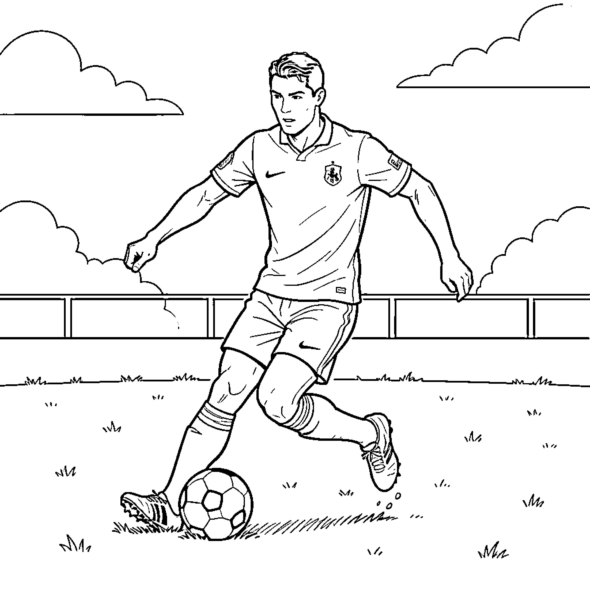 Ronaldo dribbling a soccer ball on the field Coloring Page (free black-and-white line drawing printable PDF for all, from beginners to advanced learners, including children, teens, adults, and seniors)