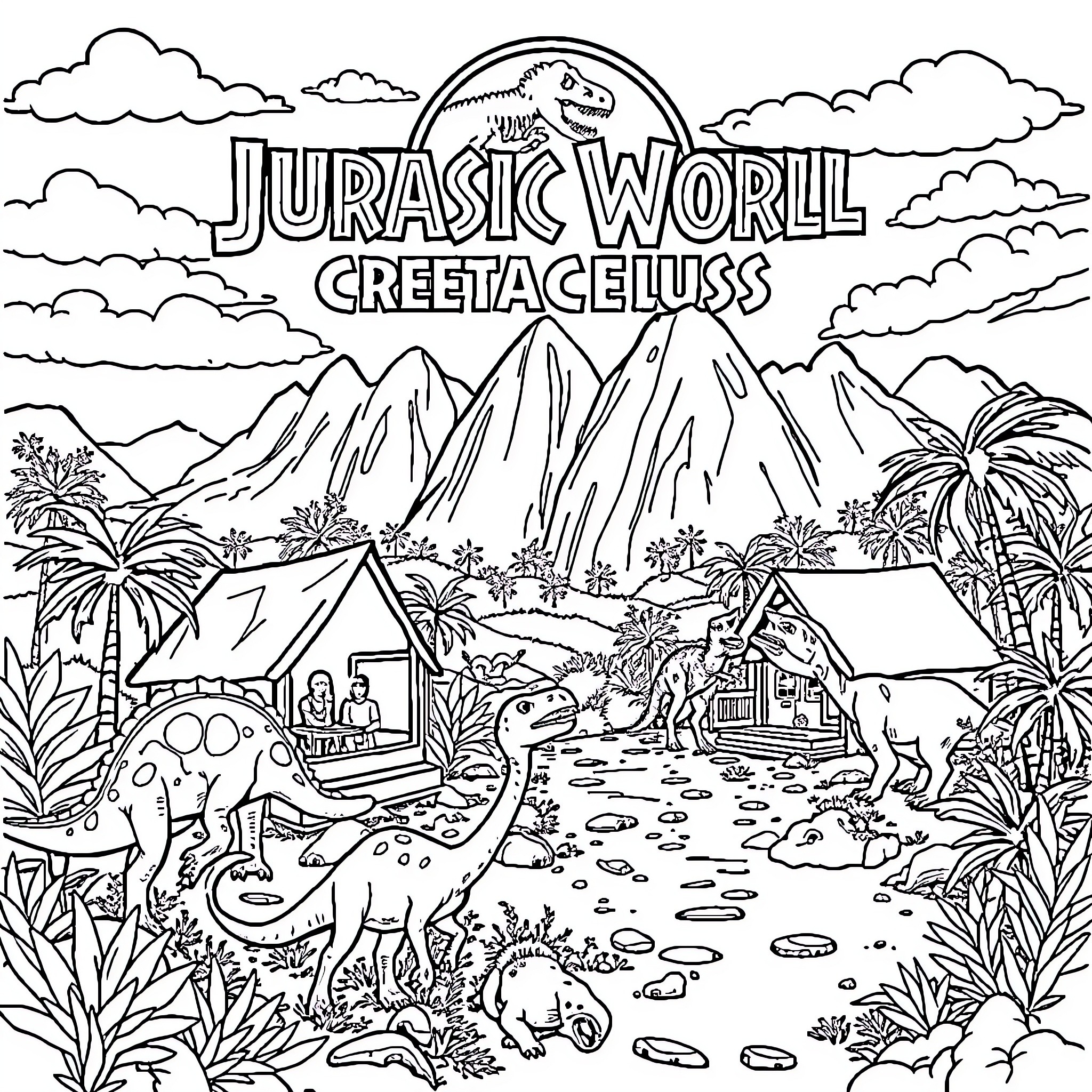 Dinosaurs in Jurassic World Cretaceous landscape Coloring Page (free black-and-white line drawing printable PDF for all, from beginners to advanced learners, including children, teens, adults, and seniors)