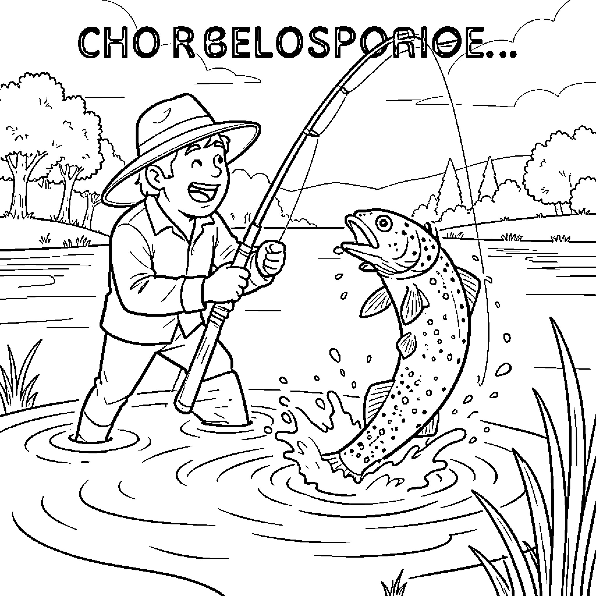 Fisher catching a large jumping fish in the river Coloring Page (free black-and-white line drawing printable PDF for all, from beginners to advanced learners, including children, teens, adults, and seniors)