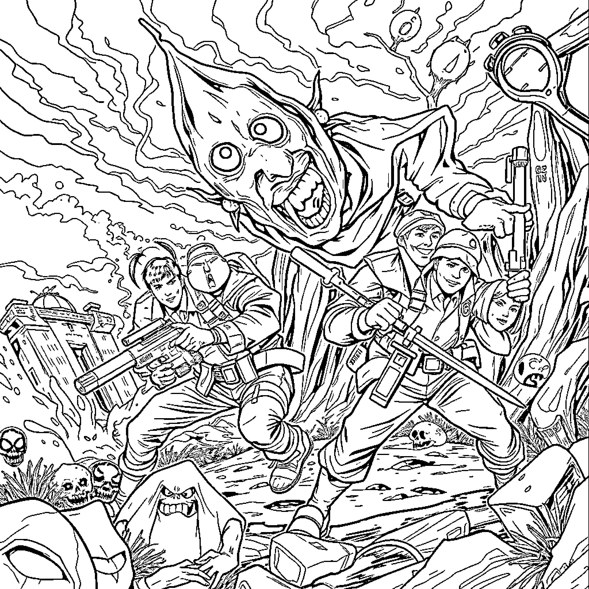Ghostbusters in Action against Supernatural Entities Coloring Page (free black-and-white line drawing printable PDF for all, from beginners to advanced learners, including children, teens, adults, and seniors)
