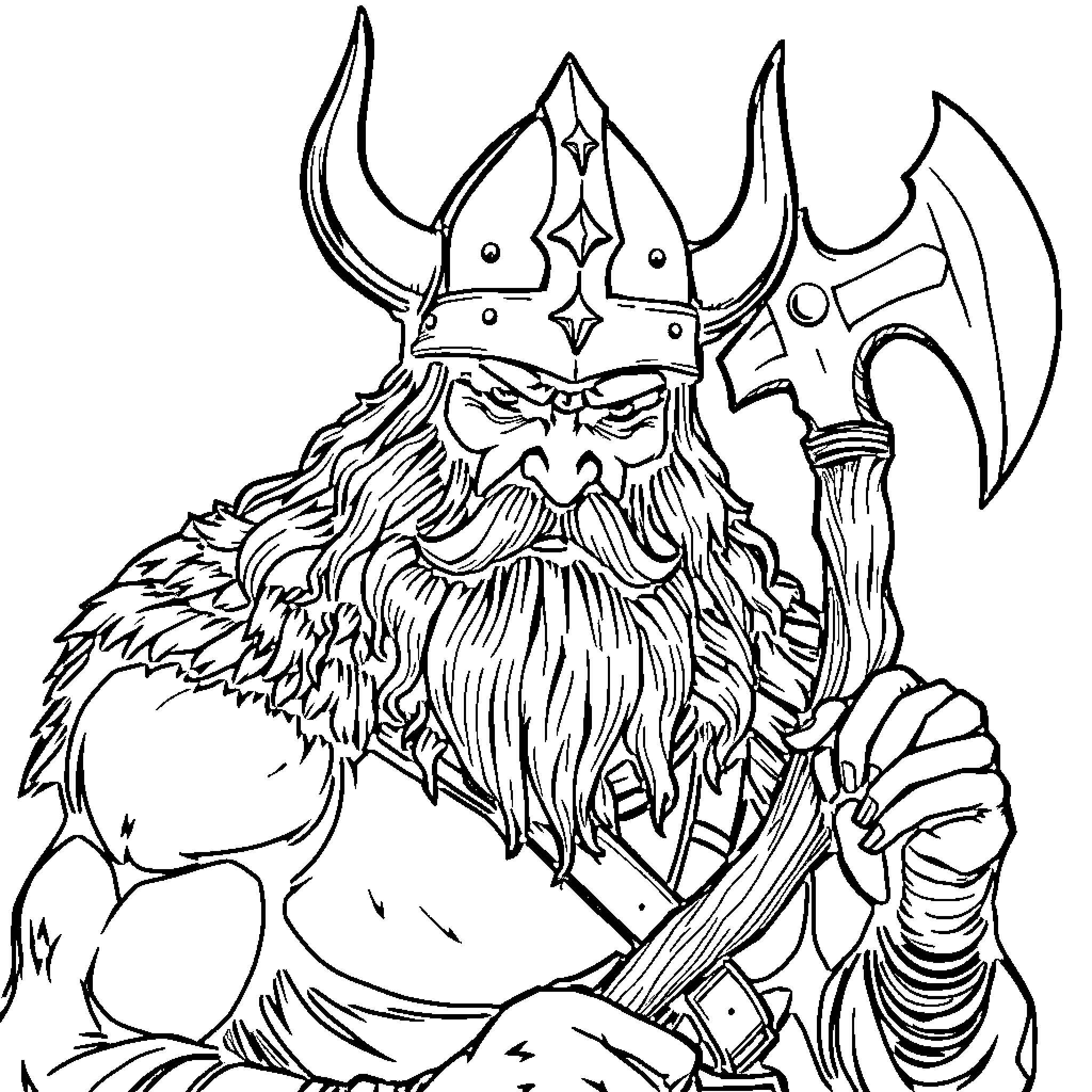 Viking warrior wielding an axe in battle Coloring Page (free black-and-white line drawing printable PDF for all, from beginners to advanced learners, including children, teens, adults, and seniors)