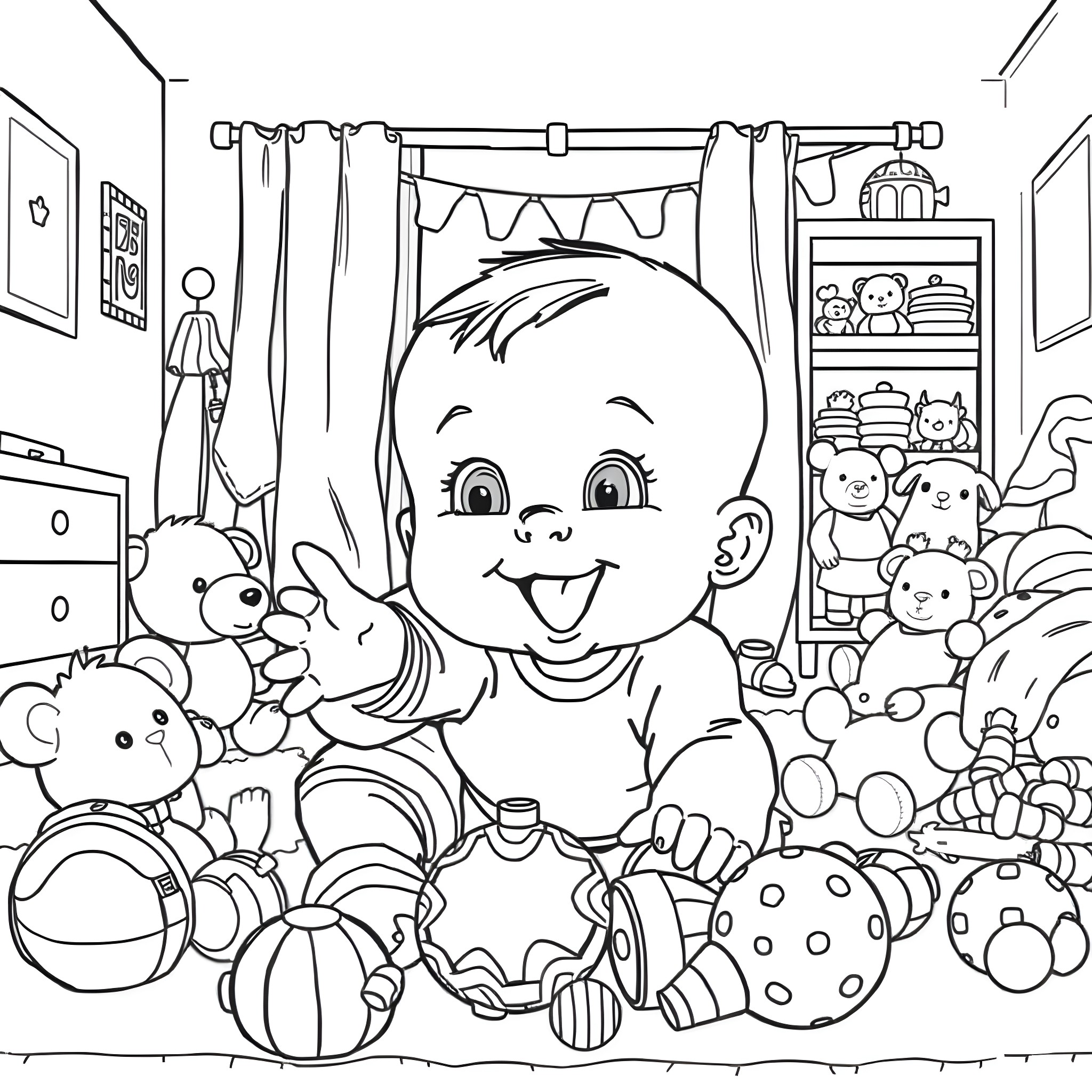 Baby surrounded by toys in playful room Coloring Page (free black-and-white line drawing printable PDF for all, from beginners to advanced learners, including children, teens, adults, and seniors)