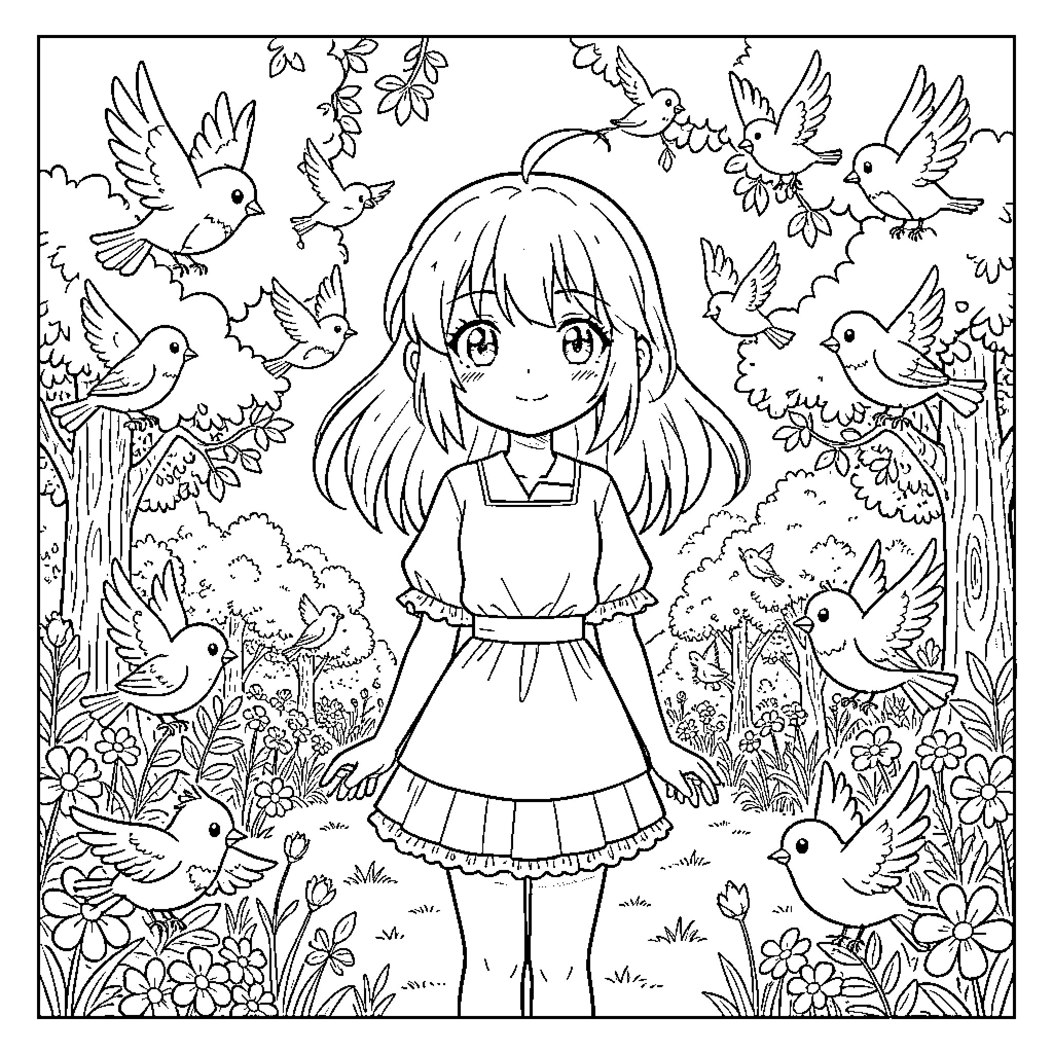 Manga Girl in a Whimsical Garden Scene Coloring Page (free black-and-white line drawing printable PDF for all, from beginners to advanced learners, including children, teens, adults, and seniors)