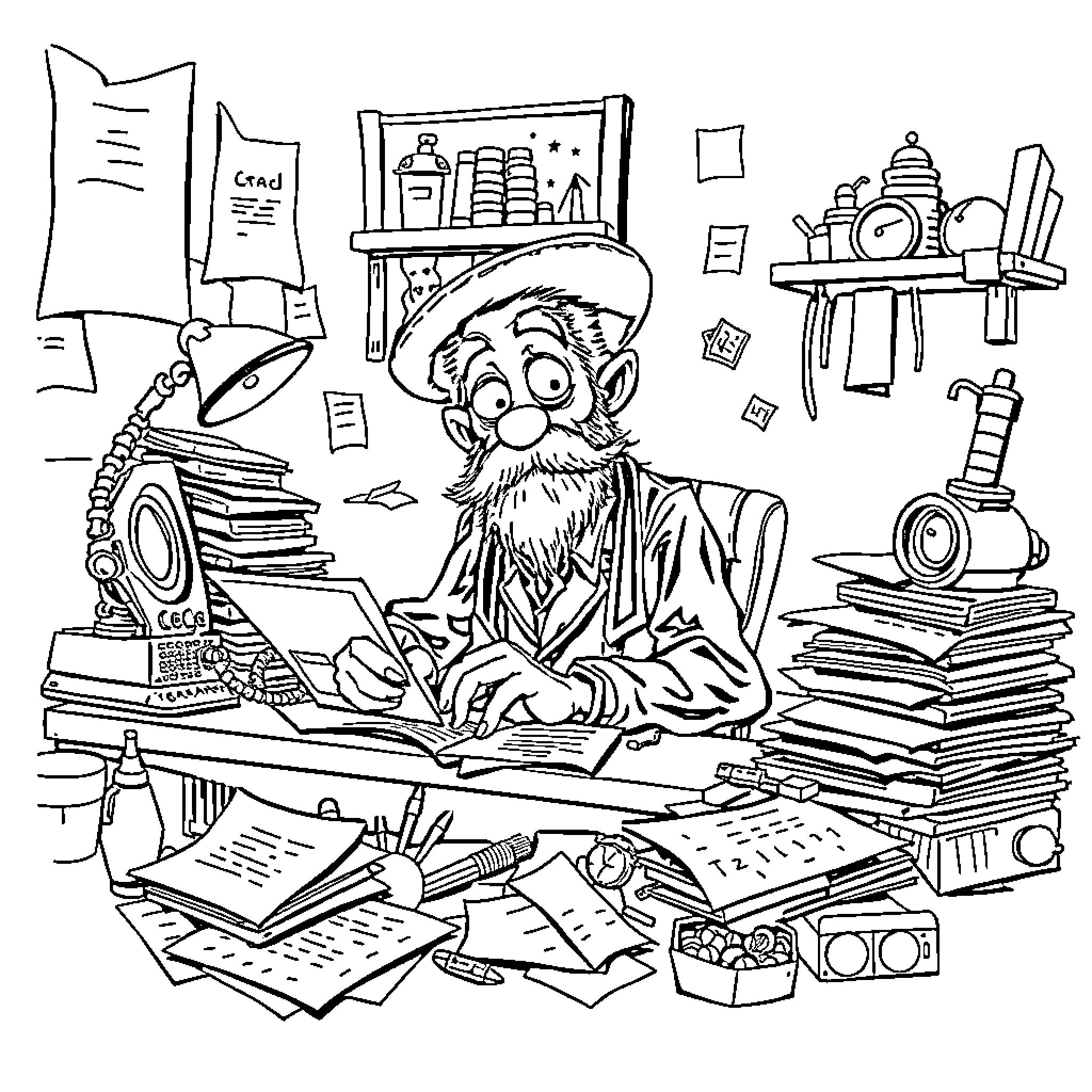 Old Gregg's Messy Home Studio Coloring Page (free black-and-white line drawing printable PDF for all, from beginners to advanced learners, including children, teens, adults, and seniors)