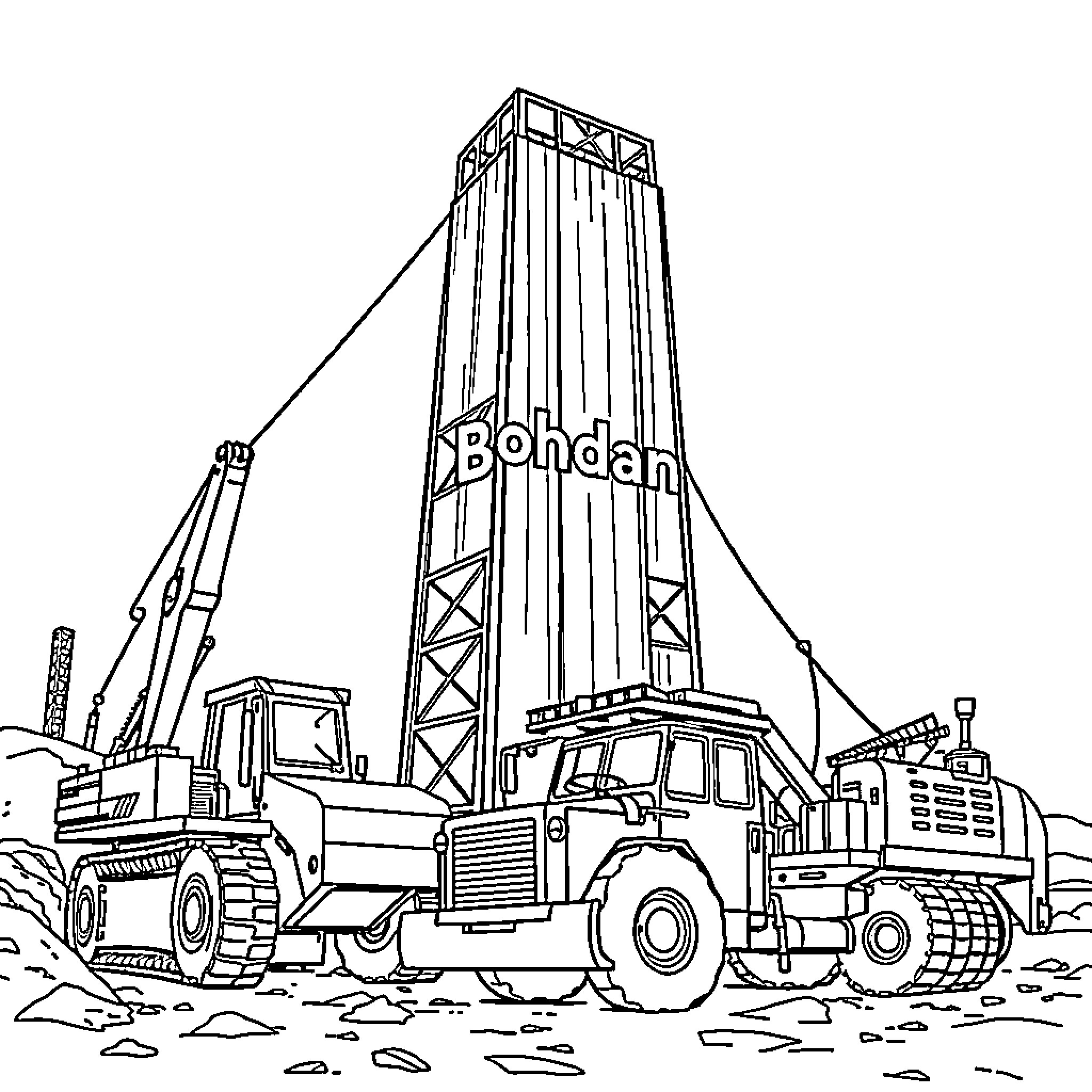 Construction Equipment at the Worksite Coloring Page (free black-and-white line drawing printable PDF for all, from beginners to advanced learners, including children, teens, adults, and seniors)
