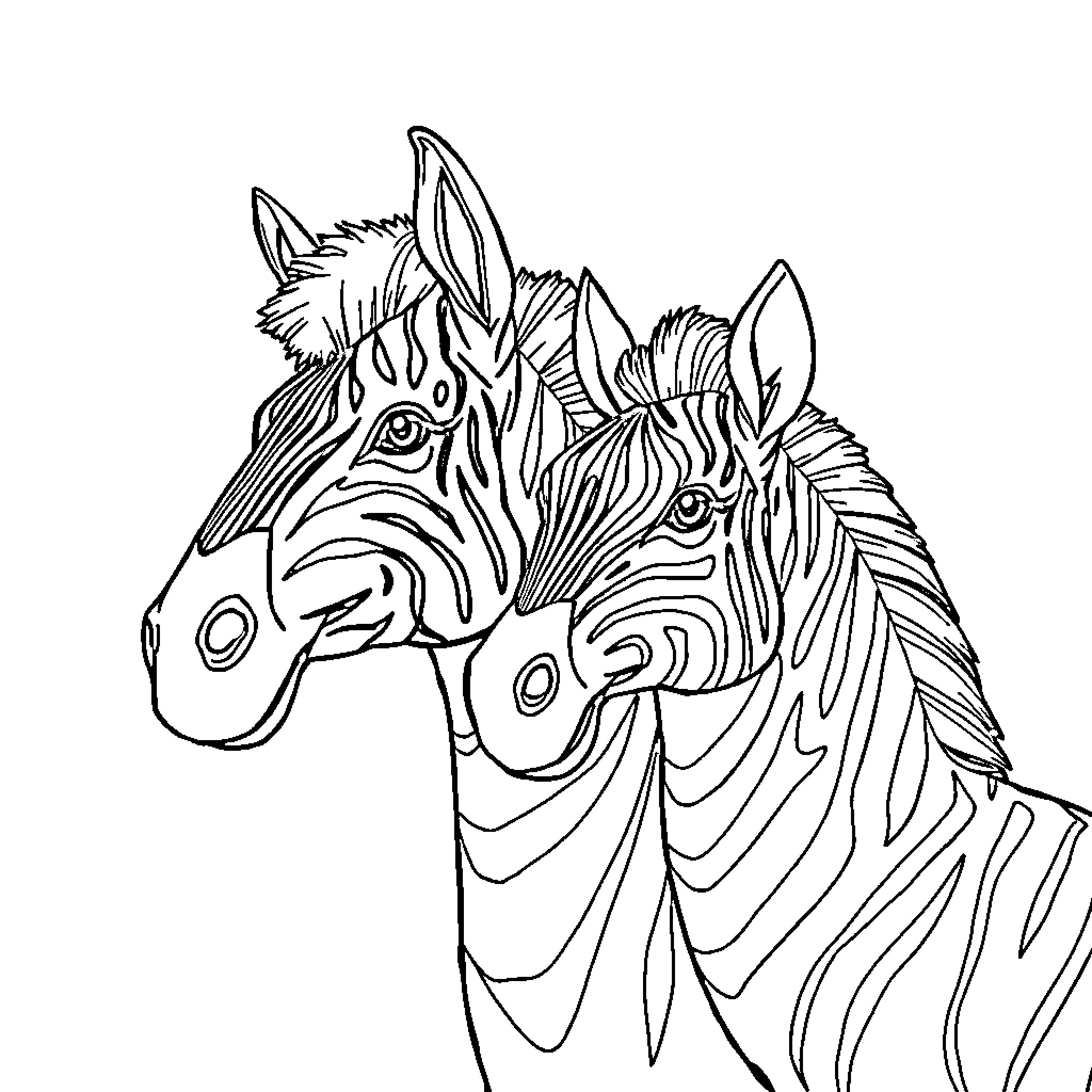 Galo's Zebra Friends in Monochrome Coloring Page (free black-and-white line drawing printable PDF for all, from beginners to advanced learners, including children, teens, adults, and seniors)