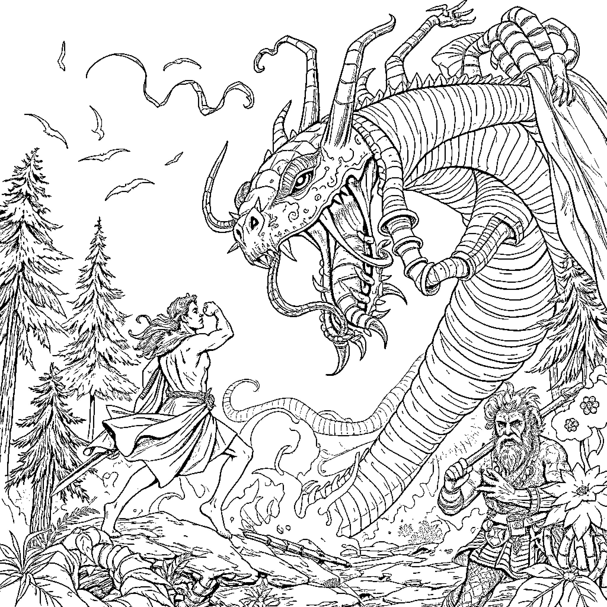 Heracles battling a monstrous serpentine creature in a fantastical forest Coloring Page (free black-and-white line drawing printable PDF for all, from beginners to advanced learners, including children, teens, adults, and seniors)