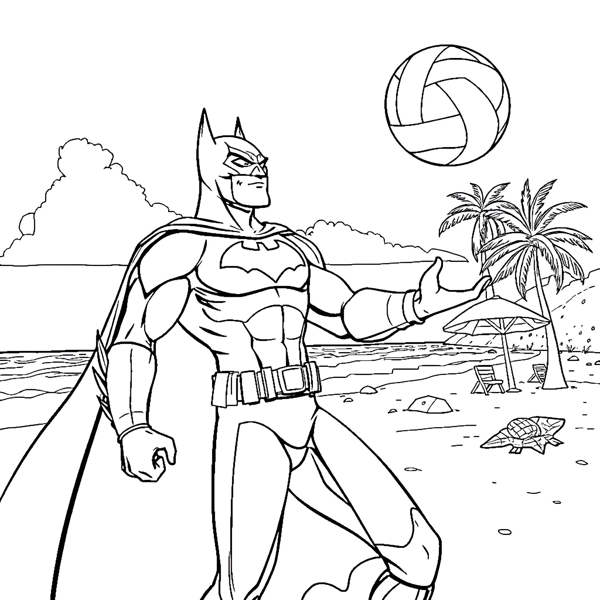 Batman on a tropical beach adventure Coloring Page (free black-and-white line drawing printable PDF for all, from beginners to advanced learners, including children, teens, adults, and seniors)