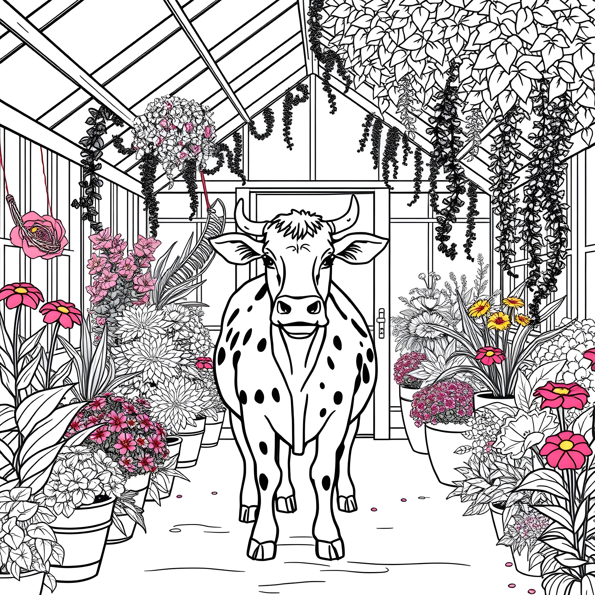 Cow in a Whimsical Greenhouse Filled with Flowers Coloring Page (free black-and-white line drawing printable PDF for all, from beginners to advanced learners, including children, teens, adults, and seniors)