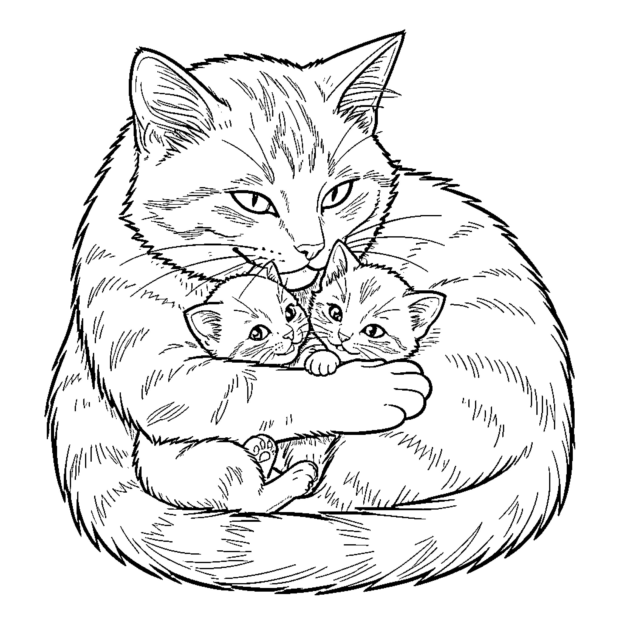 Cat with kittens in cozy embrace Coloring Page (free black-and-white line drawing printable PDF for all, from beginners to advanced learners, including children, teens, adults, and seniors)