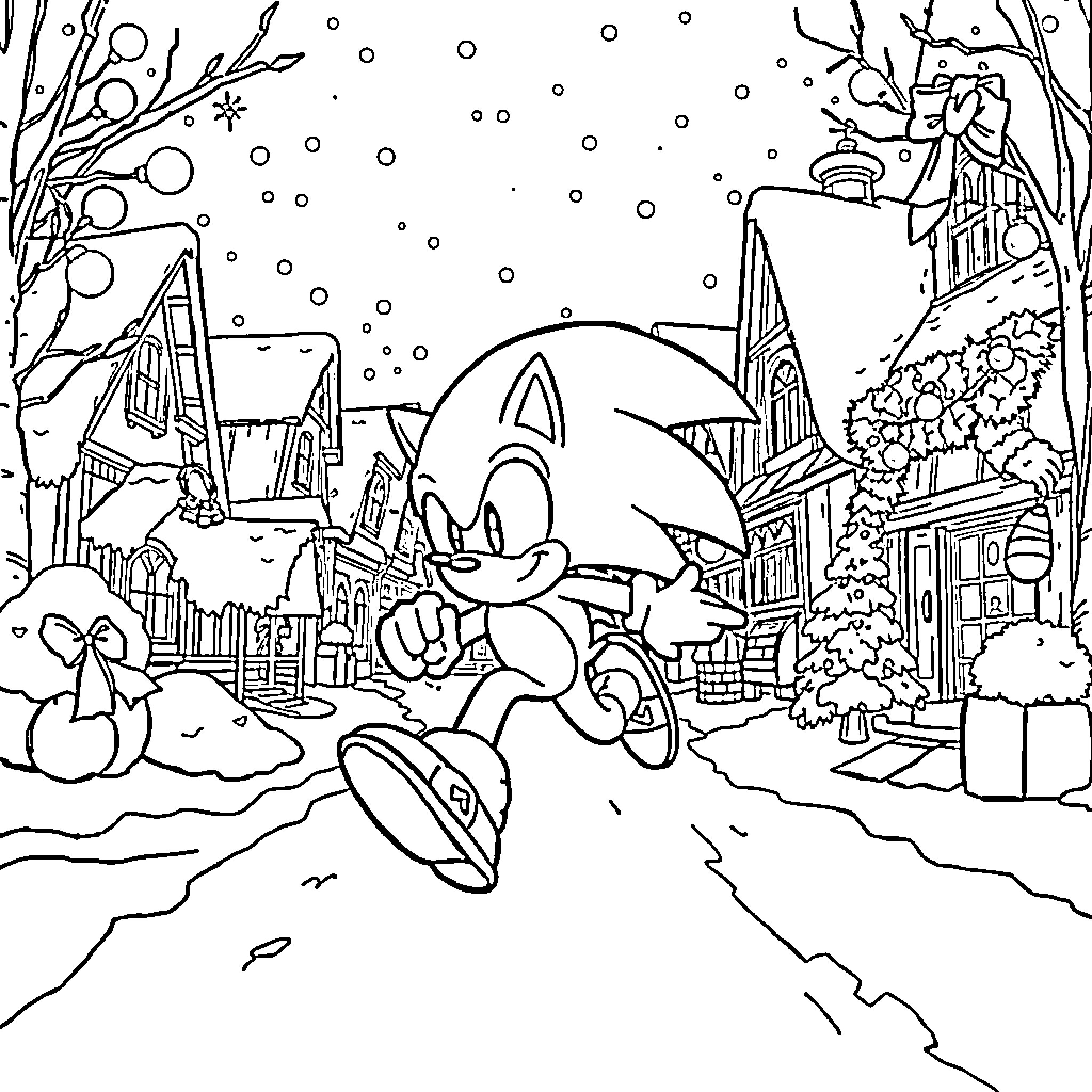 Sonic's Snowy Adventure in the Winter Village Coloring Page (free black-and-white line drawing printable PDF for all, from beginners to advanced learners, including children, teens, adults, and seniors)