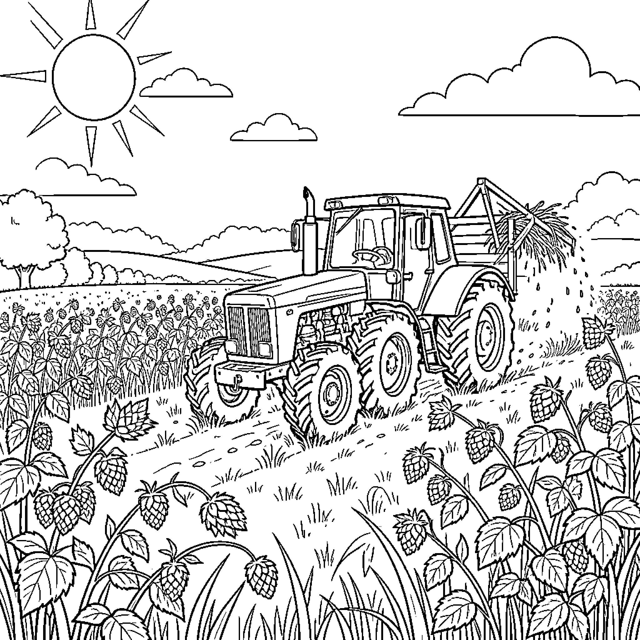 Tractor driving through a field of plants Coloring Page (free black-and-white line drawing printable PDF for all, from beginners to advanced learners, including children, teens, adults, and seniors)