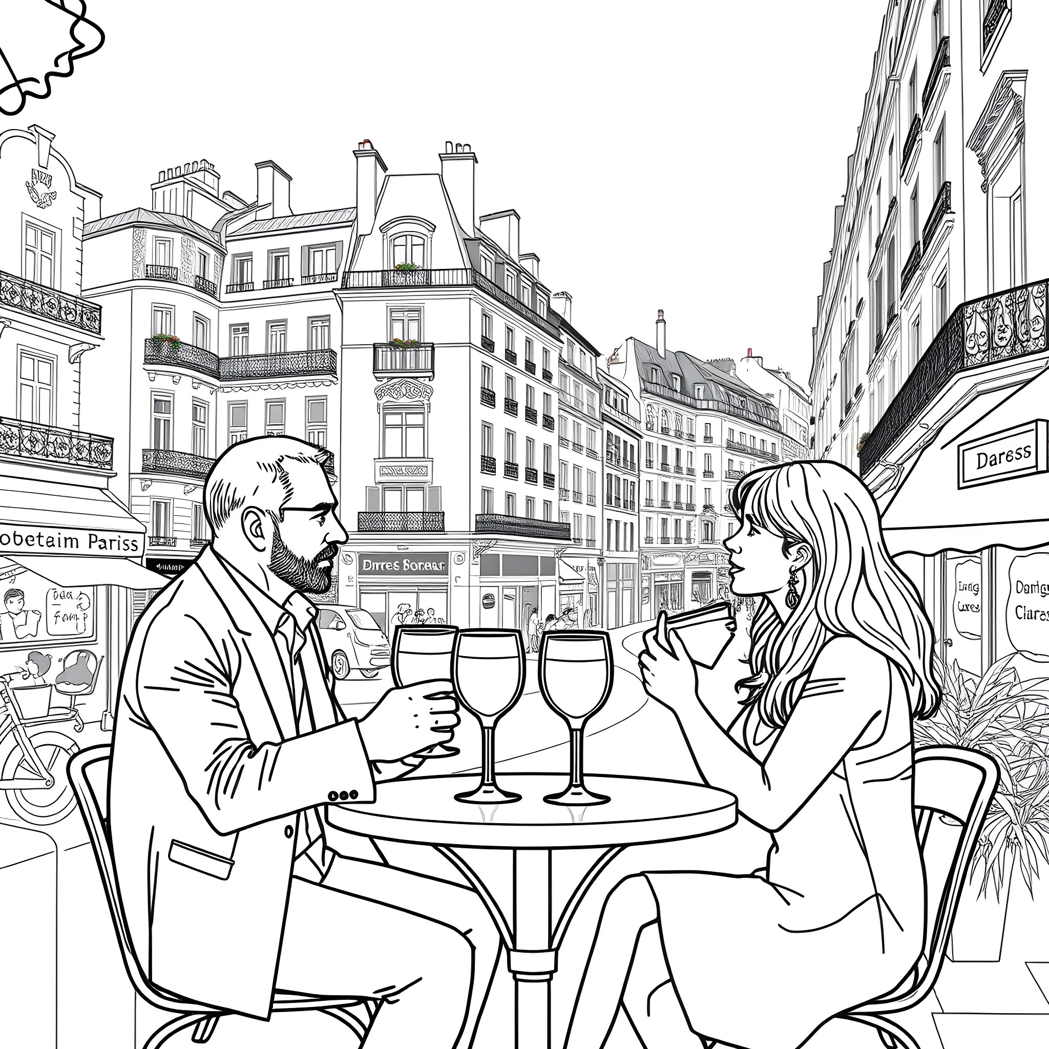 Man and woman having wine in a Parisian cafe Coloring Page (free black-and-white line drawing printable PDF for all, from beginners to advanced learners, including children, teens, adults, and seniors)