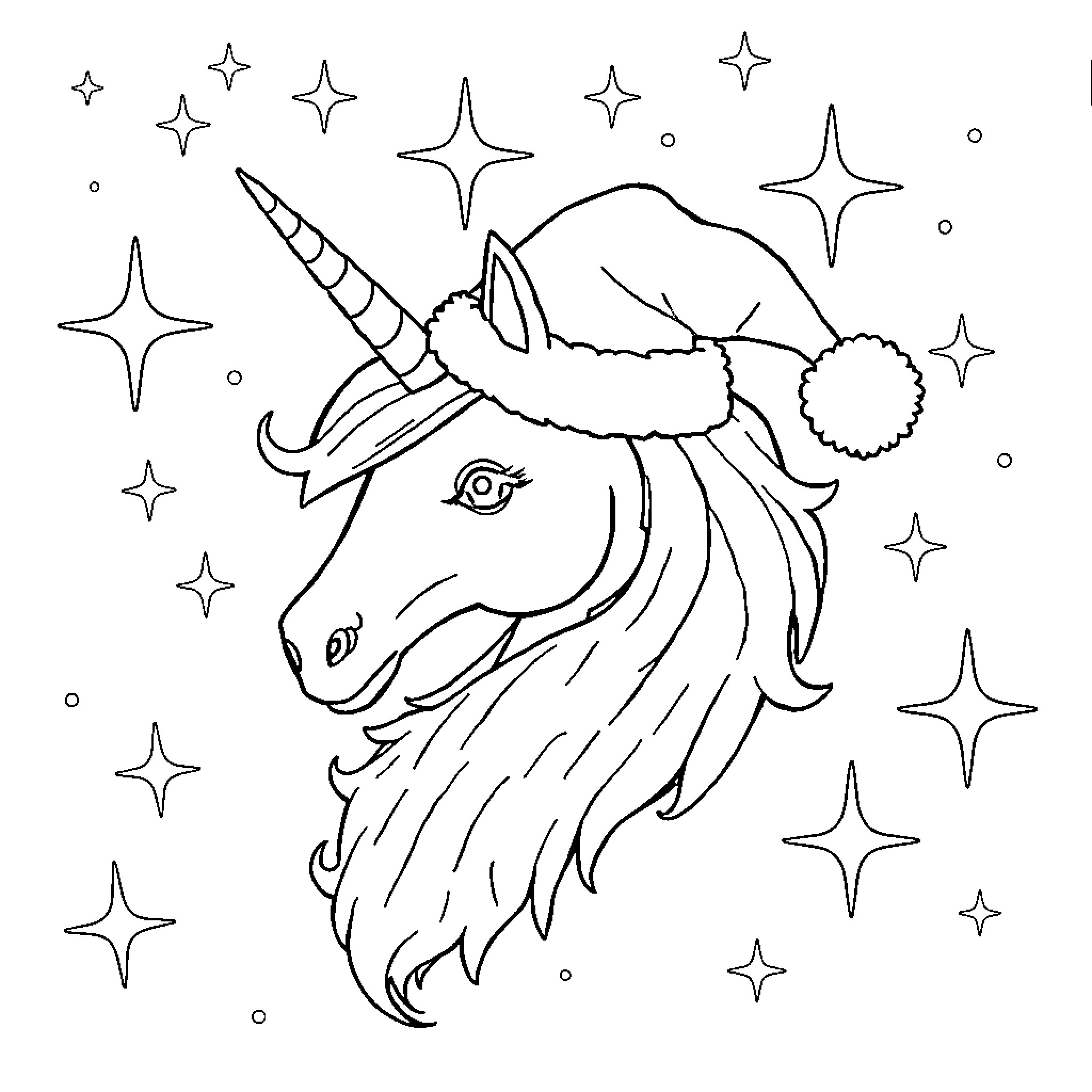 Unicorn gazing at twinkling stars in the night sky Coloring Page (free black-and-white line drawing printable PDF for all, from beginners to advanced learners, including children, teens, adults, and seniors)
