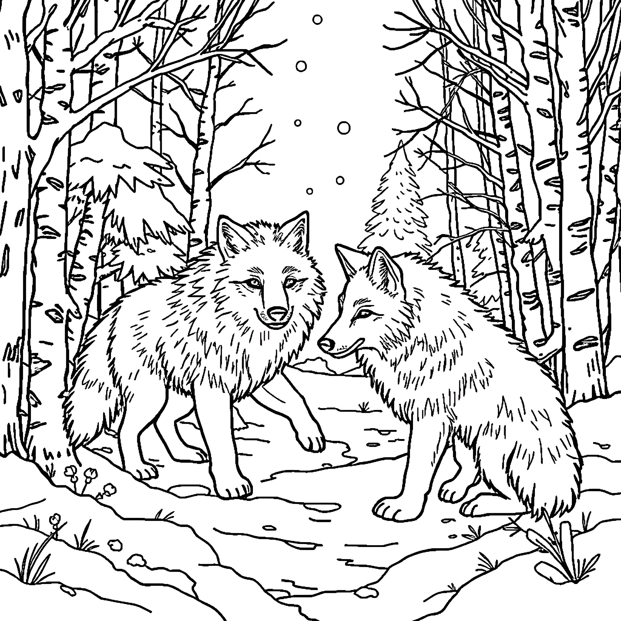Wolf Pair Exploring Snowy Winter Forest Coloring Page (free black-and-white line drawing printable PDF for all, from beginners to advanced learners, including children, teens, adults, and seniors)
