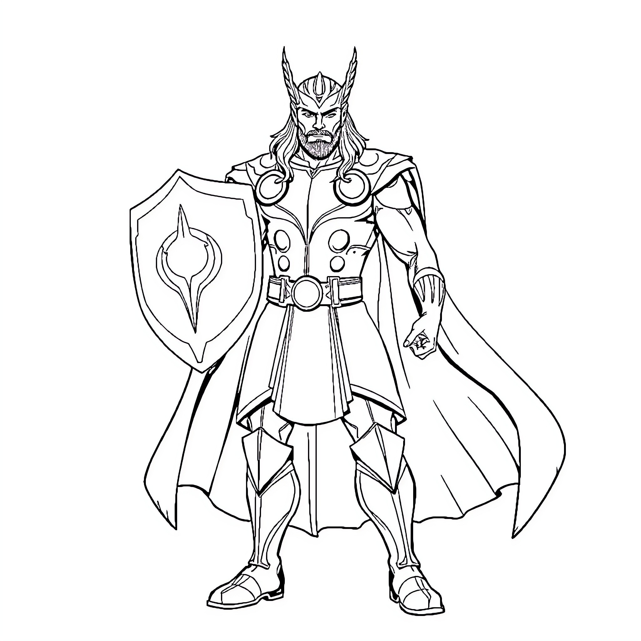 Thor the Mighty Warrior in Heroic Attire Coloring Page (free black-and-white line drawing printable PDF for all, from beginners to advanced learners, including children, teens, adults, and seniors)