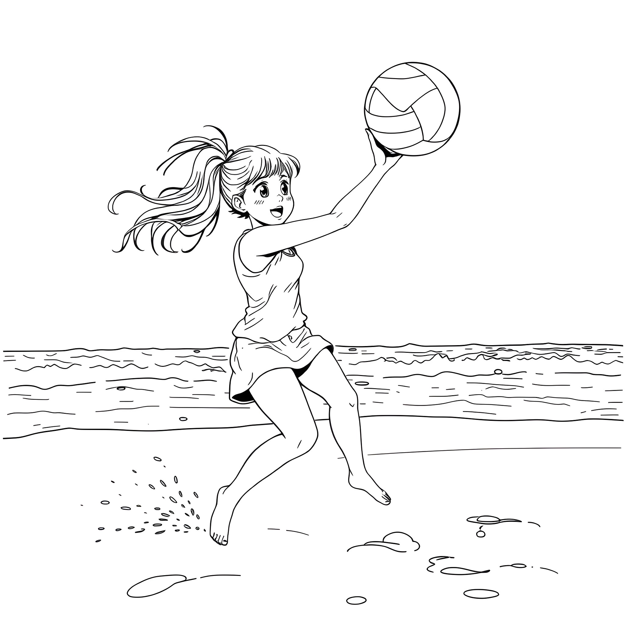 Maomao playing joyfully with volleyball on the beach Coloring Page (free black-and-white line drawing printable PDF for all, from beginners to advanced learners, including children, teens, adults, and seniors)