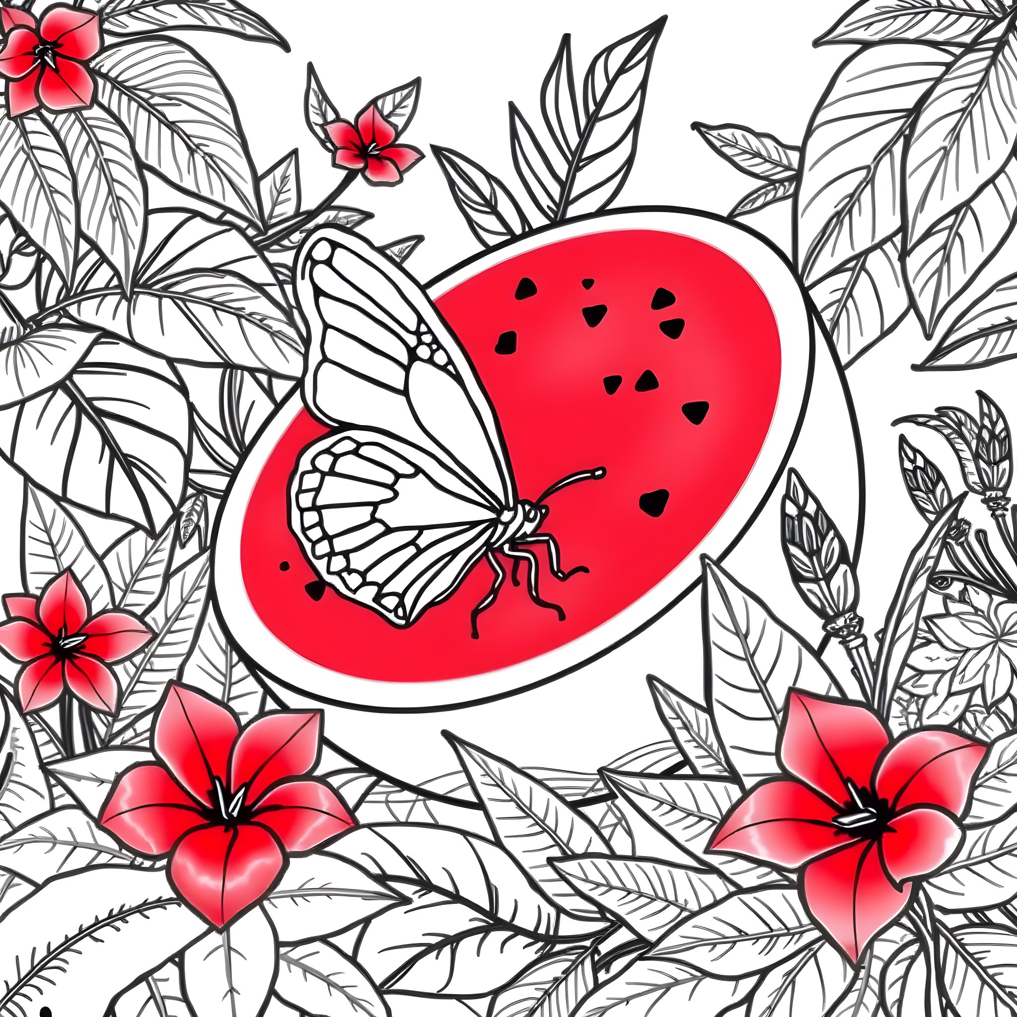 Butterfly resting on a watermelon slice Coloring Page (free black-and-white line drawing printable PDF for all, from beginners to advanced learners, including children, teens, adults, and seniors)