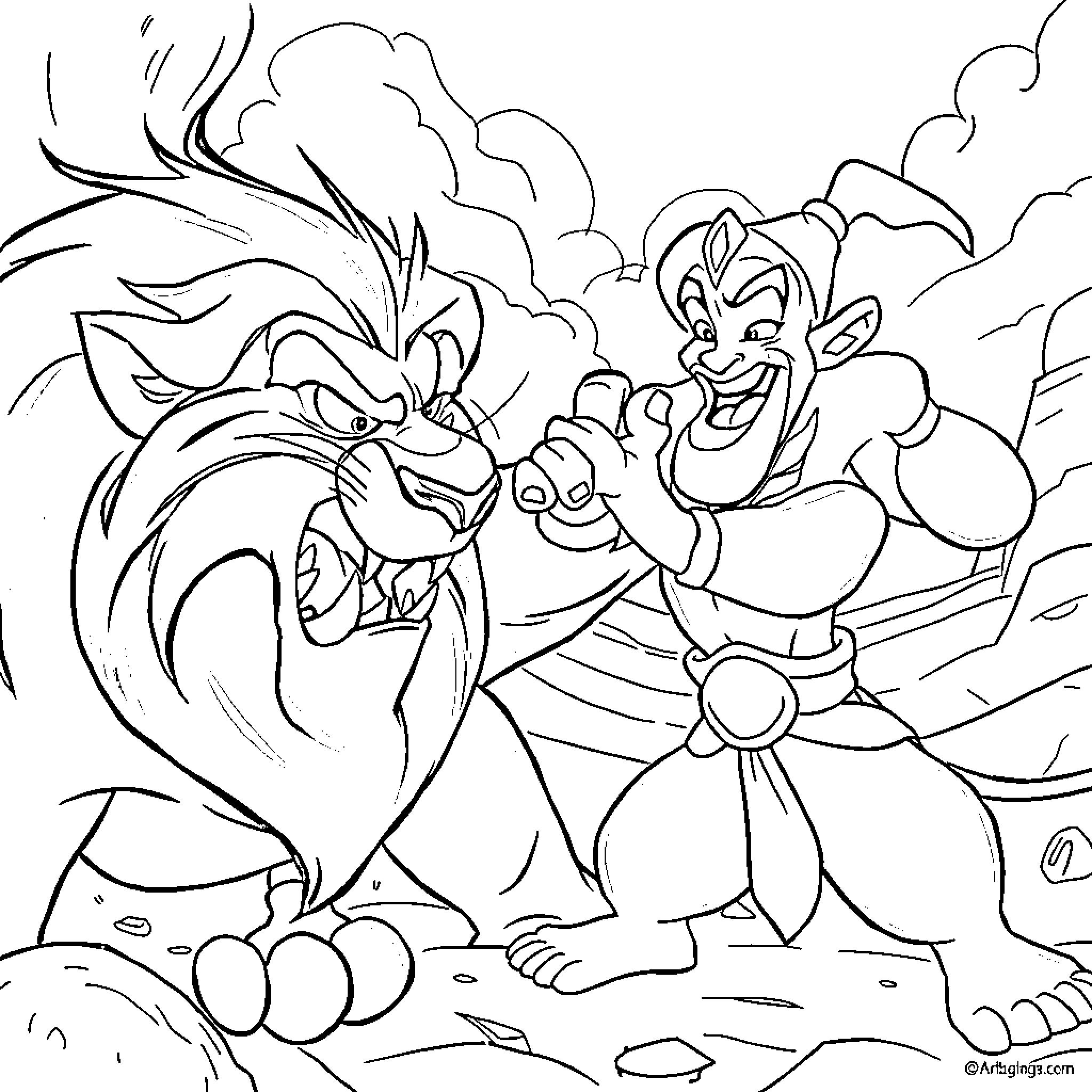 Scar confronting Simba in dramatic scene Coloring Page (free black-and-white line drawing printable PDF for all, from beginners to advanced learners, including children, teens, adults, and seniors)