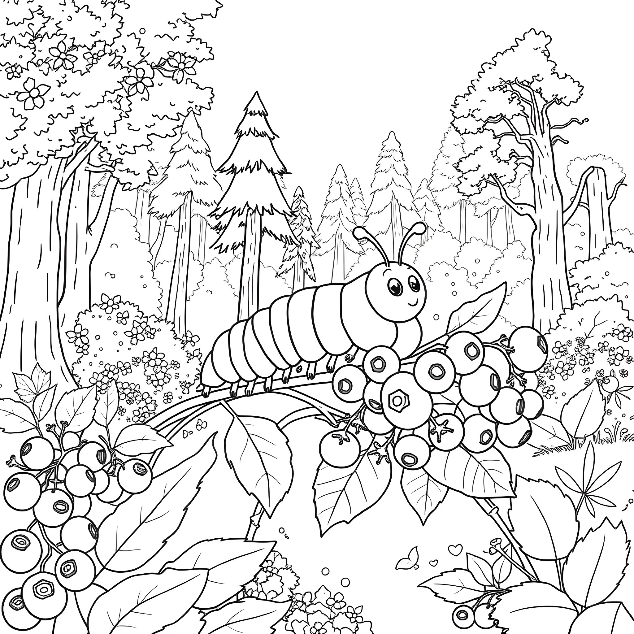 Caterpillar exploring the enchanted forest Coloring Page (free black-and-white line drawing printable PDF for all, from beginners to advanced learners, including children, teens, adults, and seniors)
