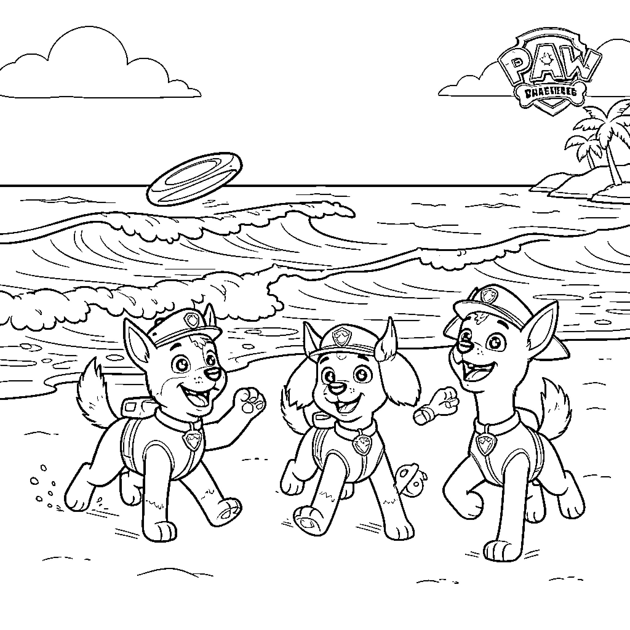 Paw Patrol pups running and playing on the beach Coloring Page (free black-and-white line drawing printable PDF for all, from beginners to advanced learners, including children, teens, adults, and seniors)