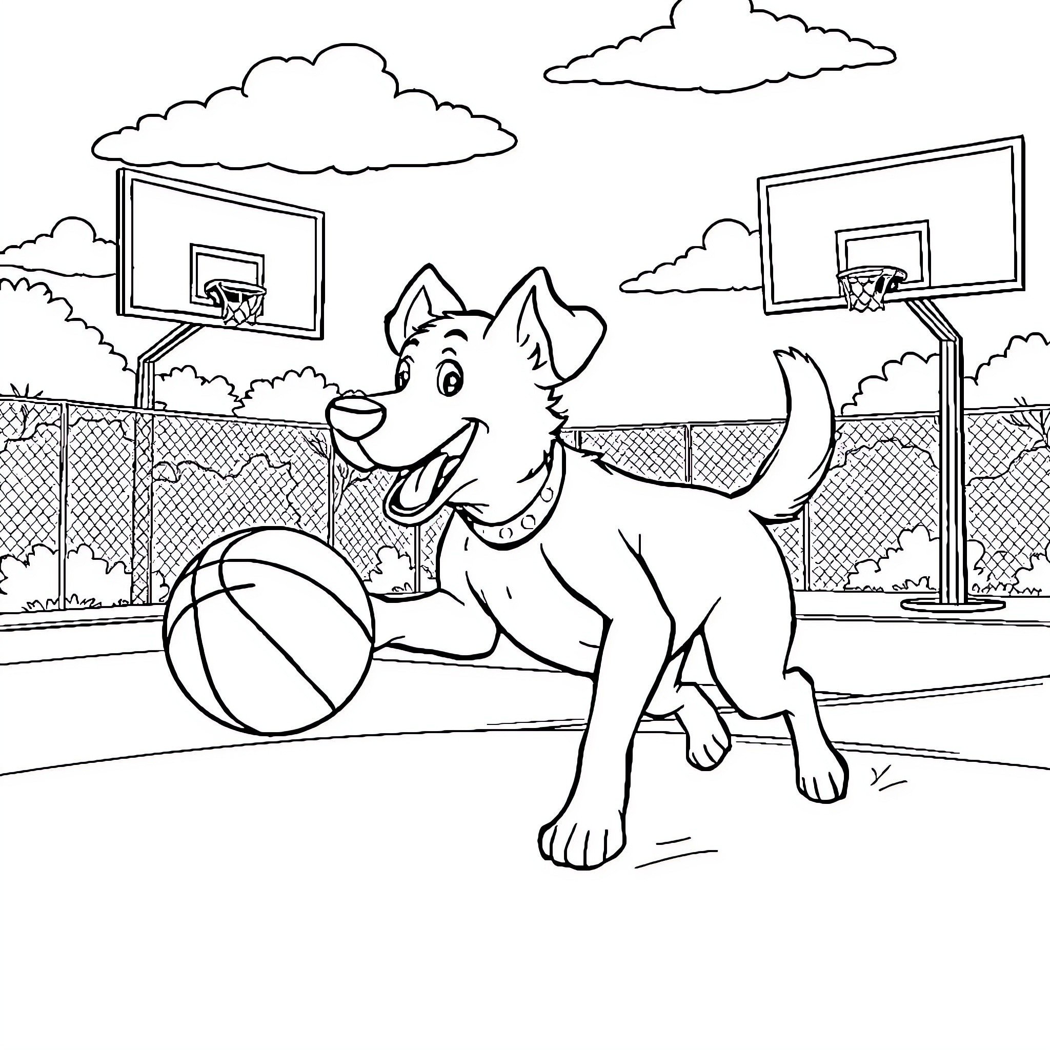 Dog playing happily with basketball on court Coloring Page (free black-and-white line drawing printable PDF for all, from beginners to advanced learners, including children, teens, adults, and seniors)