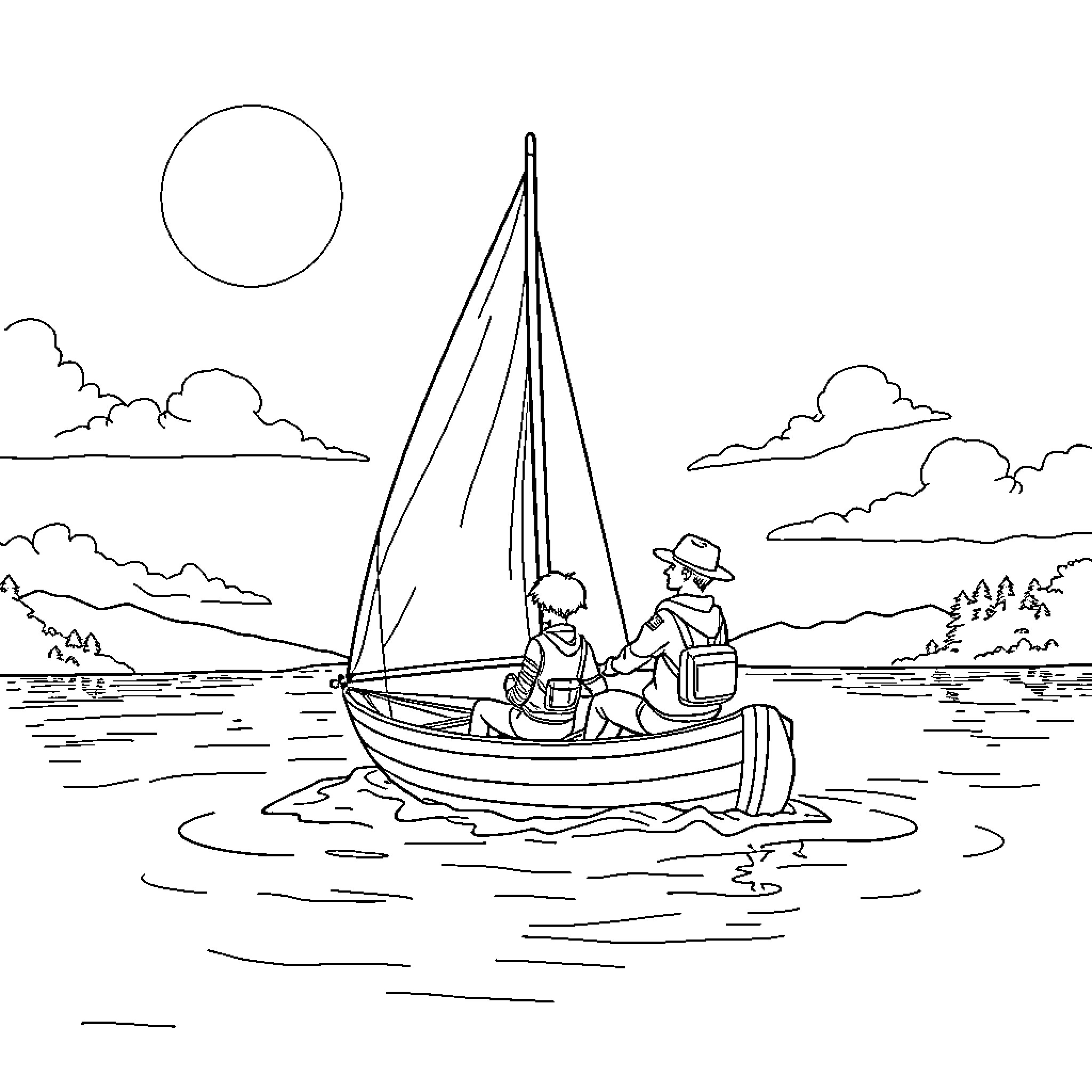 Scout sailing peacefully on a tranquil lake Coloring Page (free black-and-white line drawing printable PDF for all, from beginners to advanced learners, including children, teens, adults, and seniors)