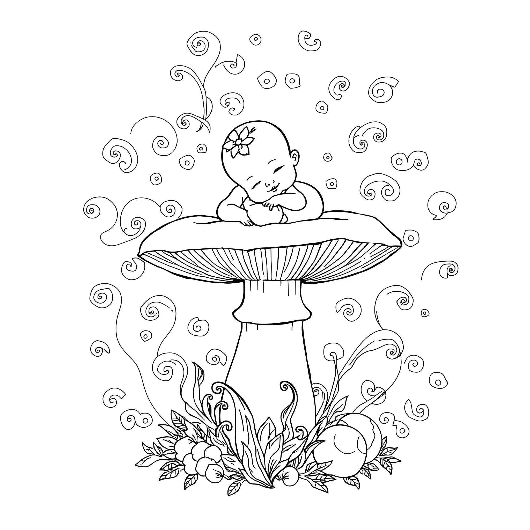 Baby resting peacefully on a magical mushroom Coloring Page (free black-and-white line drawing printable PDF for all, from beginners to advanced learners, including children, teens, adults, and seniors)
