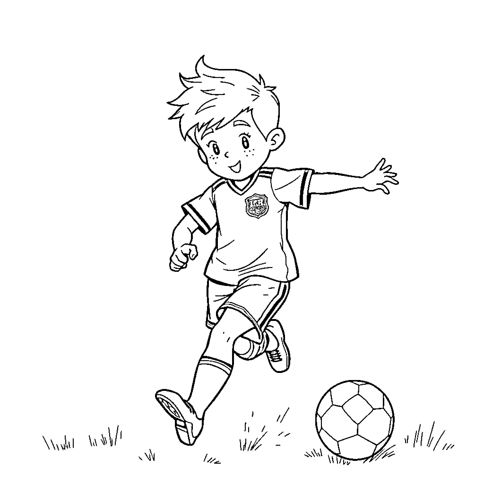 Boy enthusiastically playing soccer on the field Coloring Page (free black-and-white line drawing printable PDF for all, from beginners to advanced learners, including children, teens, adults, and seniors)