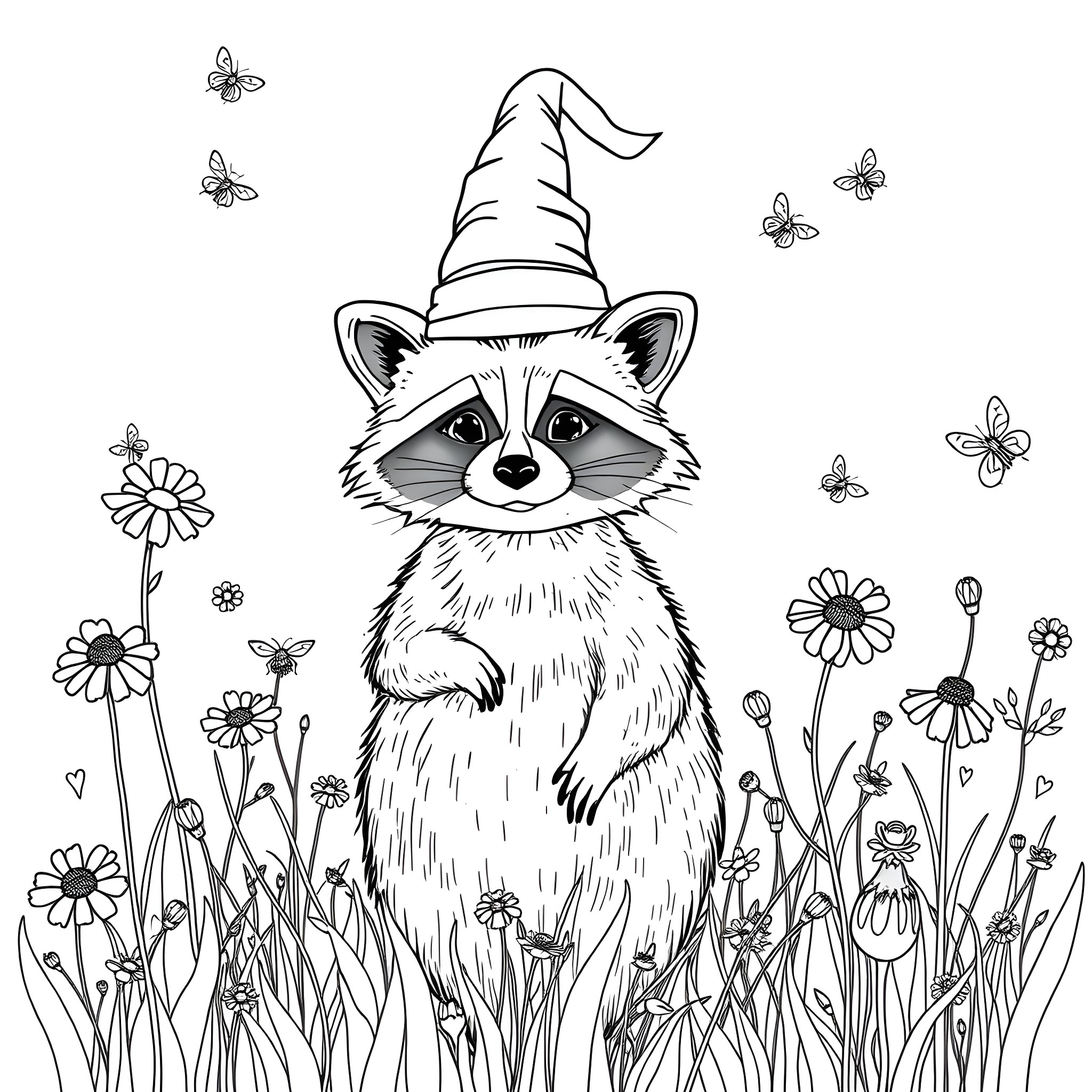 Raccoon wearing a wizard hat among flowers and butterflies Coloring Page (free black-and-white line drawing printable PDF for all, from beginners to advanced learners, including children, teens, adults, and seniors)